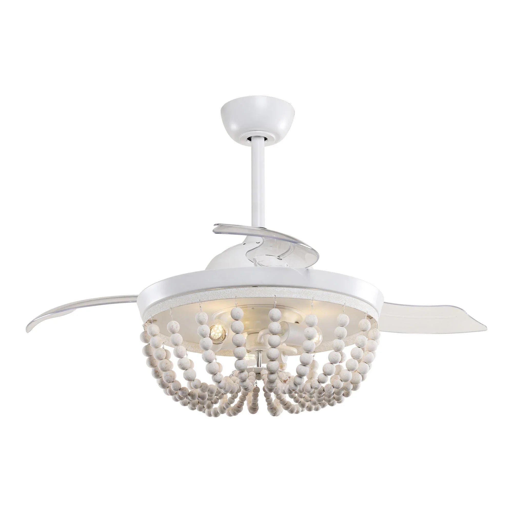 White beaded ceiling fan with exposed light bulbs under a round globe shade