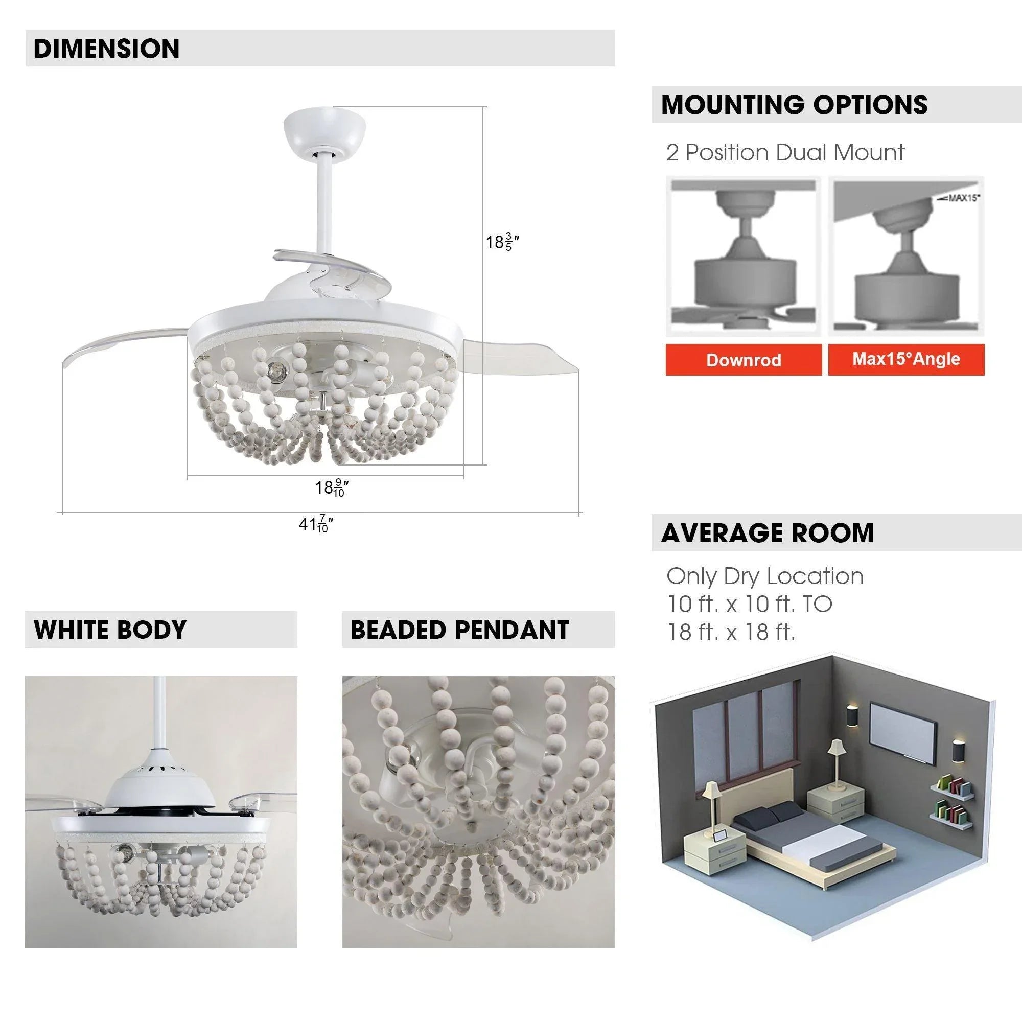 White beaded ceiling fan with mounting and dimension diagrams shown