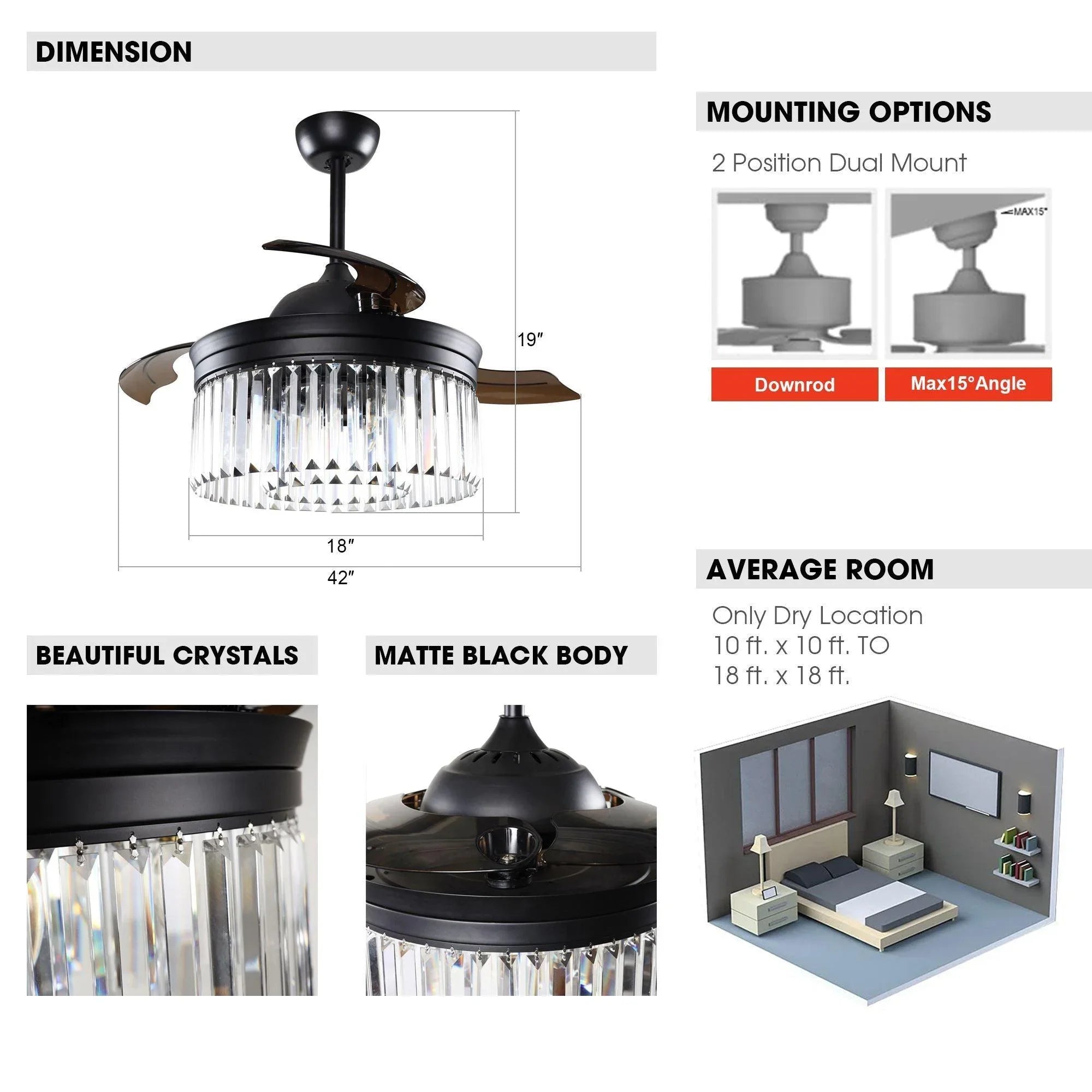 Black crystal ceiling fan with 42-inch downrod mount and crystal glass light drum