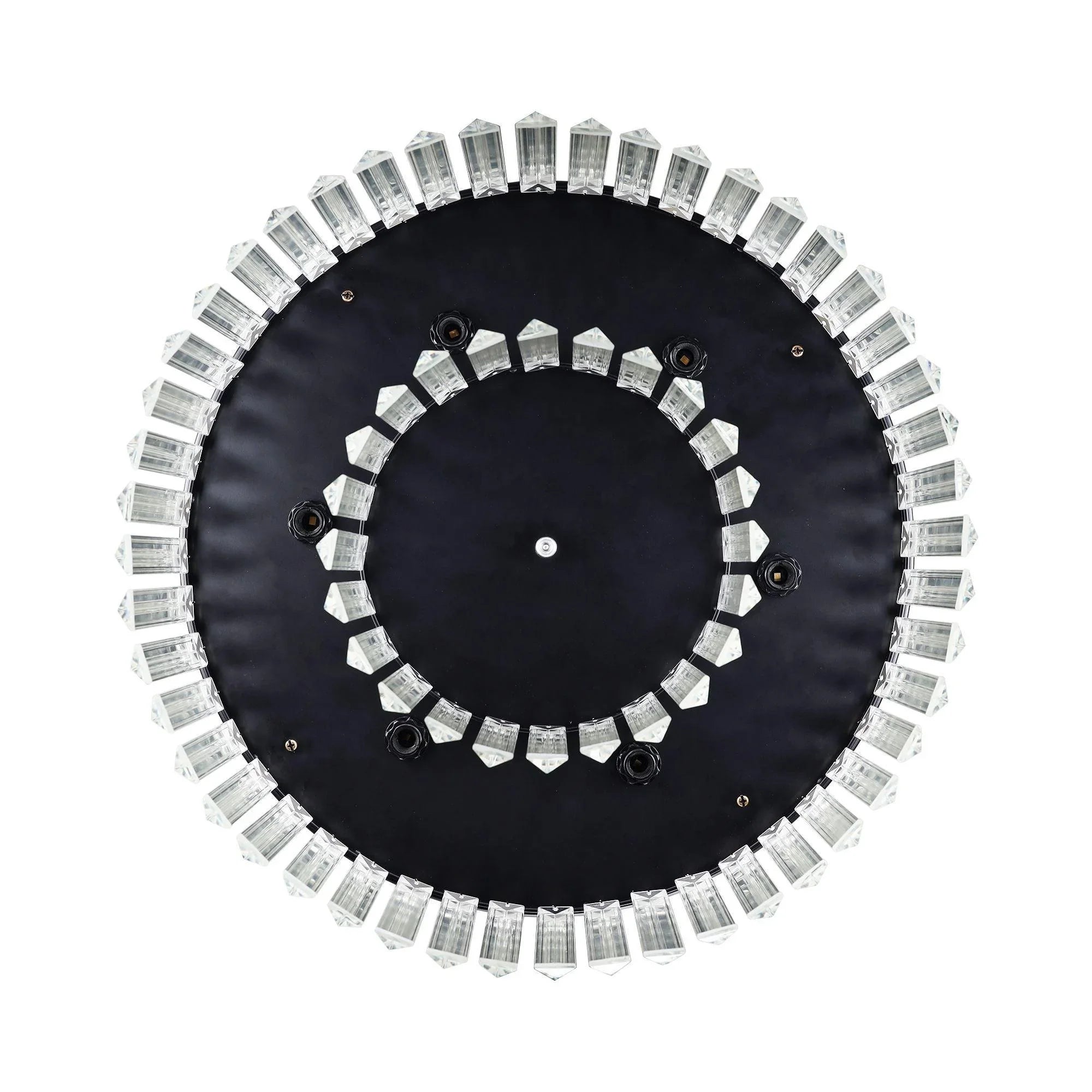 Black ceiling fan canopy with ring of clear crystal prisms around the light