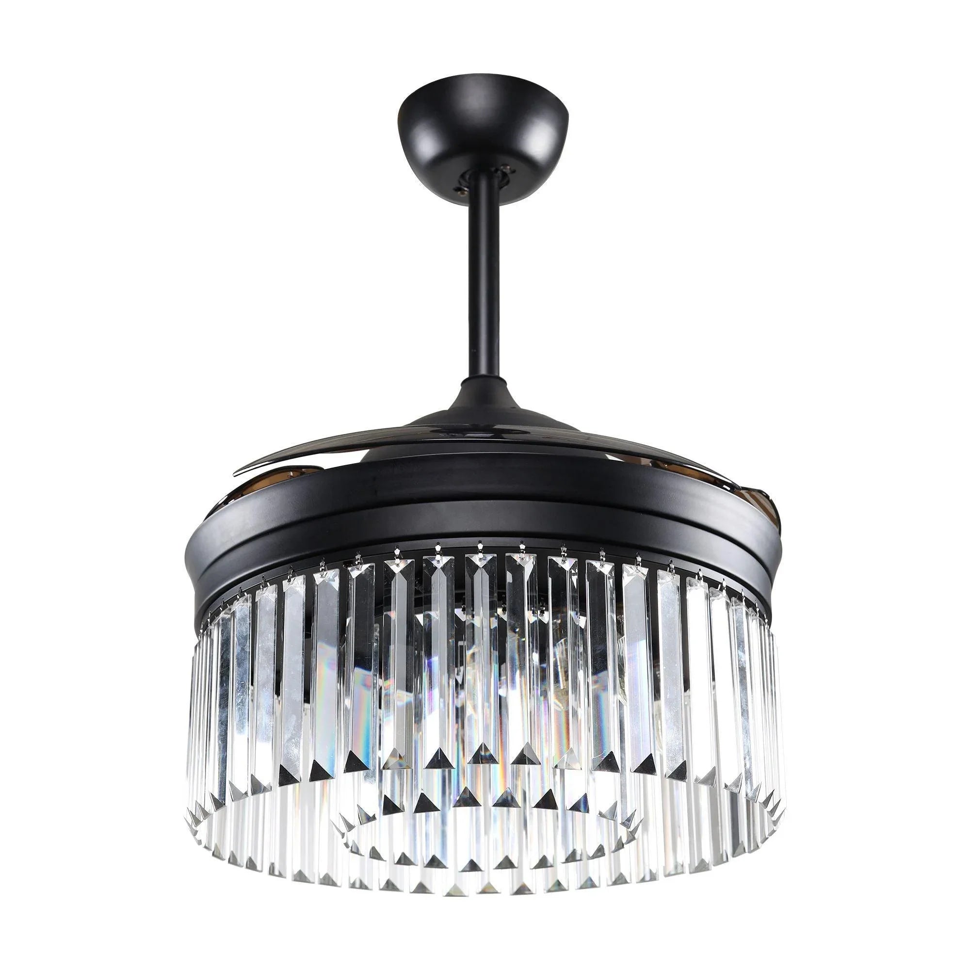 Black modern ceiling fan light with crystal glass drum and retractable blades