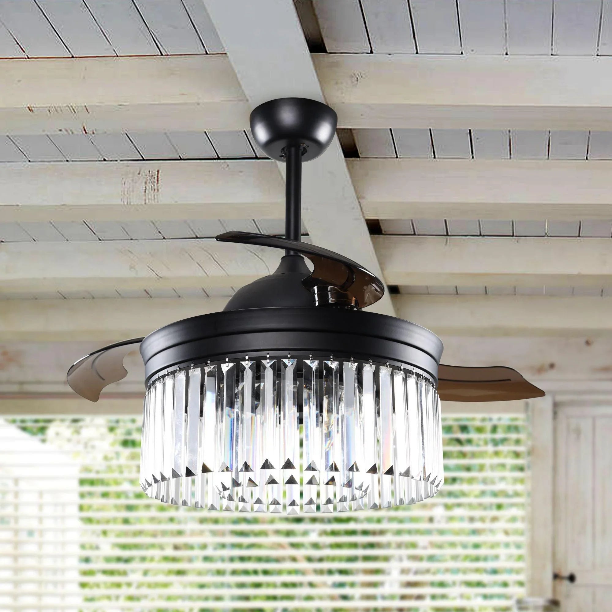 Black ceiling fan with crystal glass light drum and retractable blades