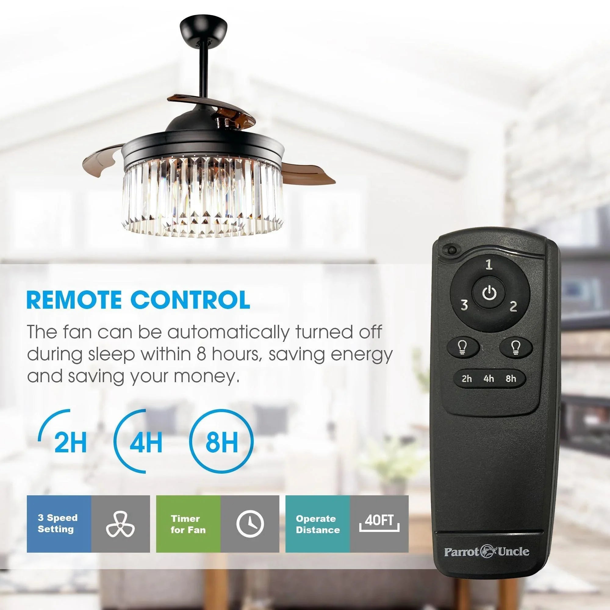 Black crystal ceiling fan with remote control for light and fan speed