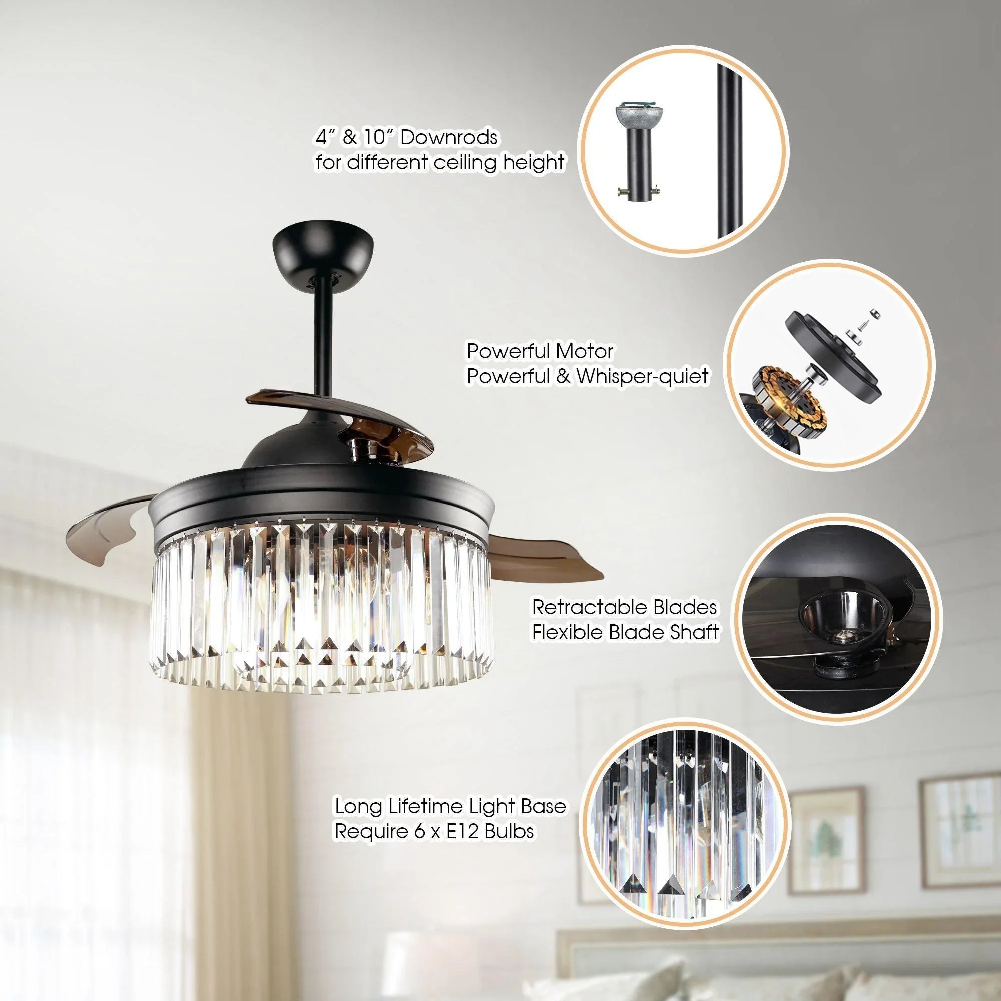 Black ceiling fan with crystal glass light fixture and retractable blades