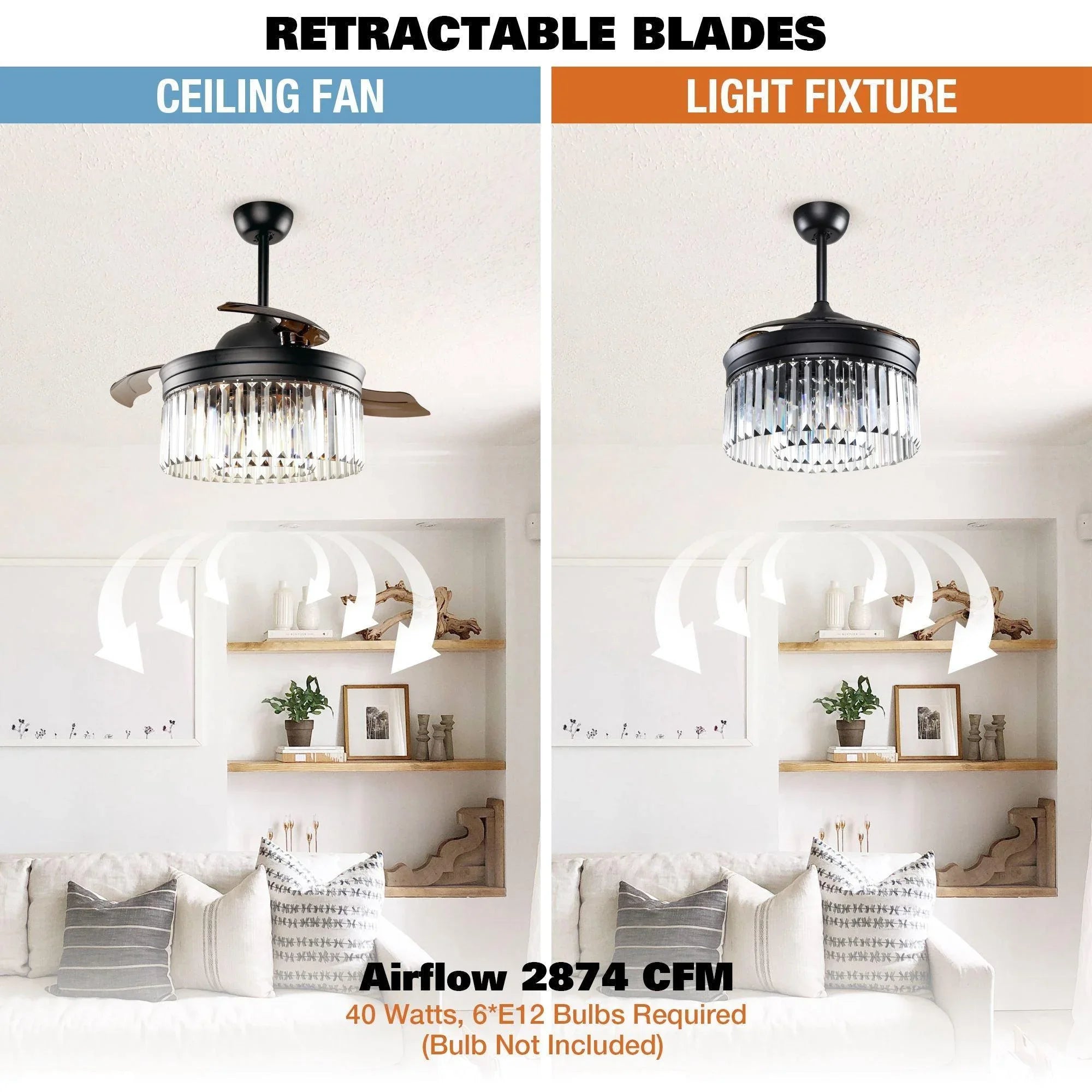 Black ceiling fan with retractable blades and crystal glass light fixture