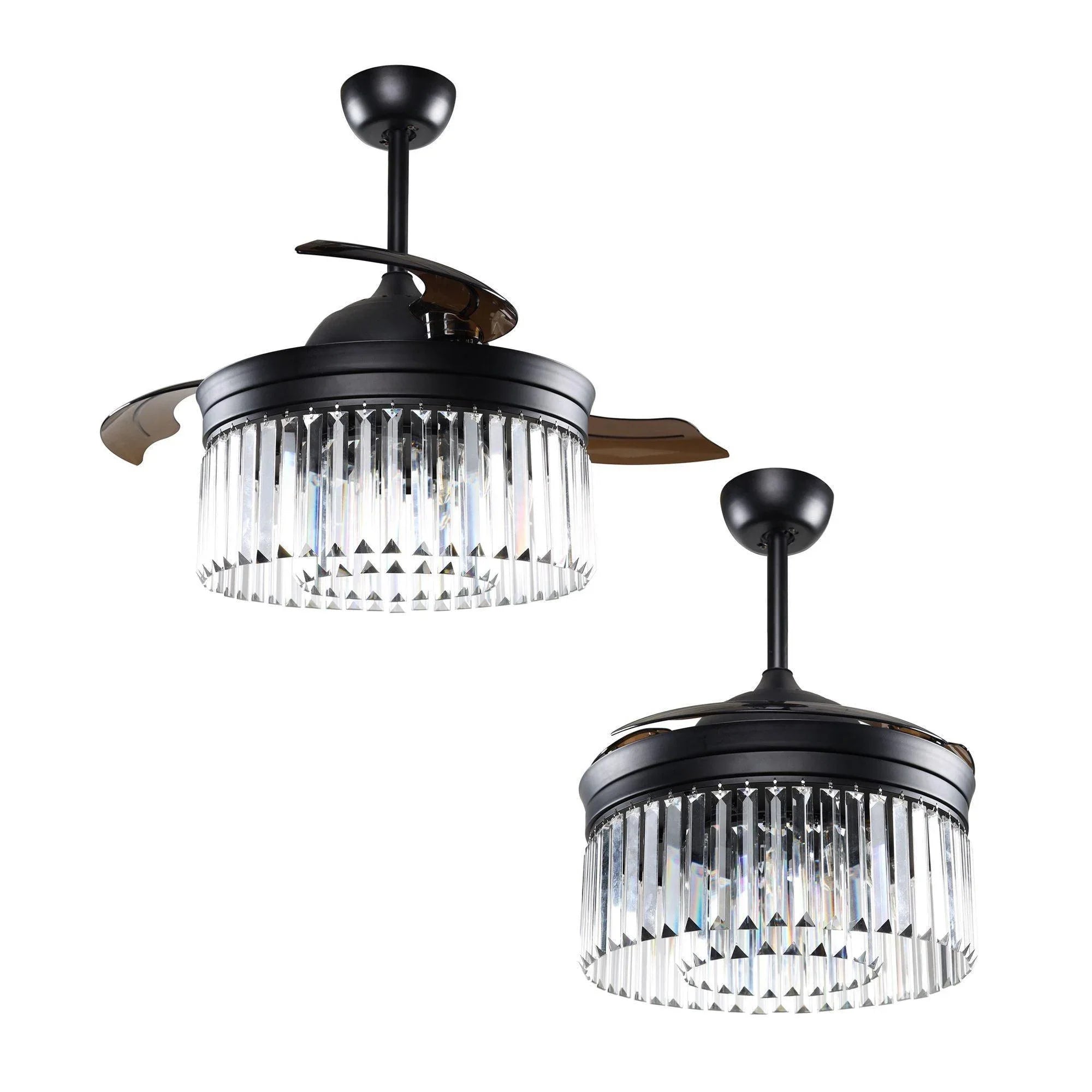Black ceiling fan with crystal glass light drum, shown from two angles