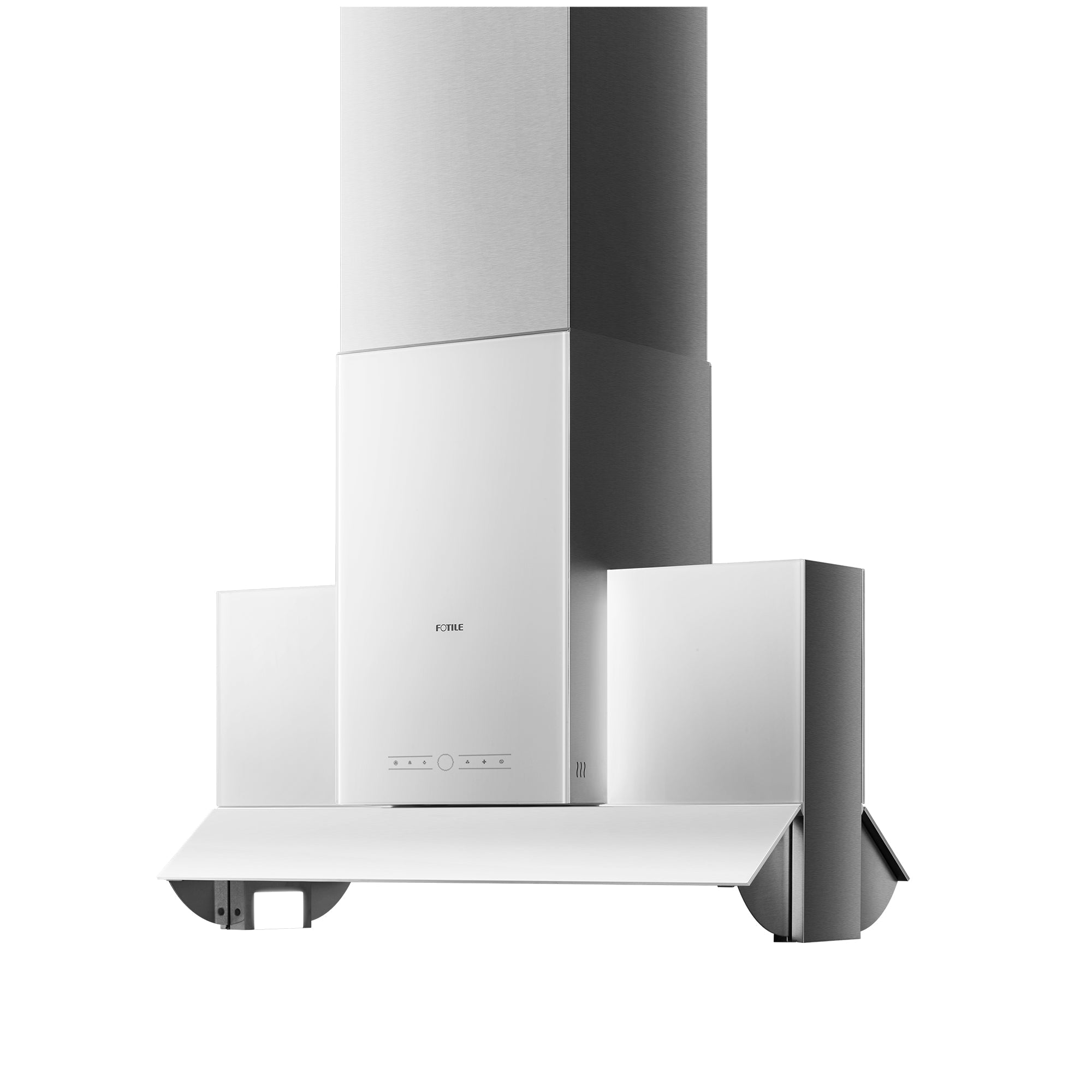 Fotile island range hood with stainless chimney and glass panel, side view