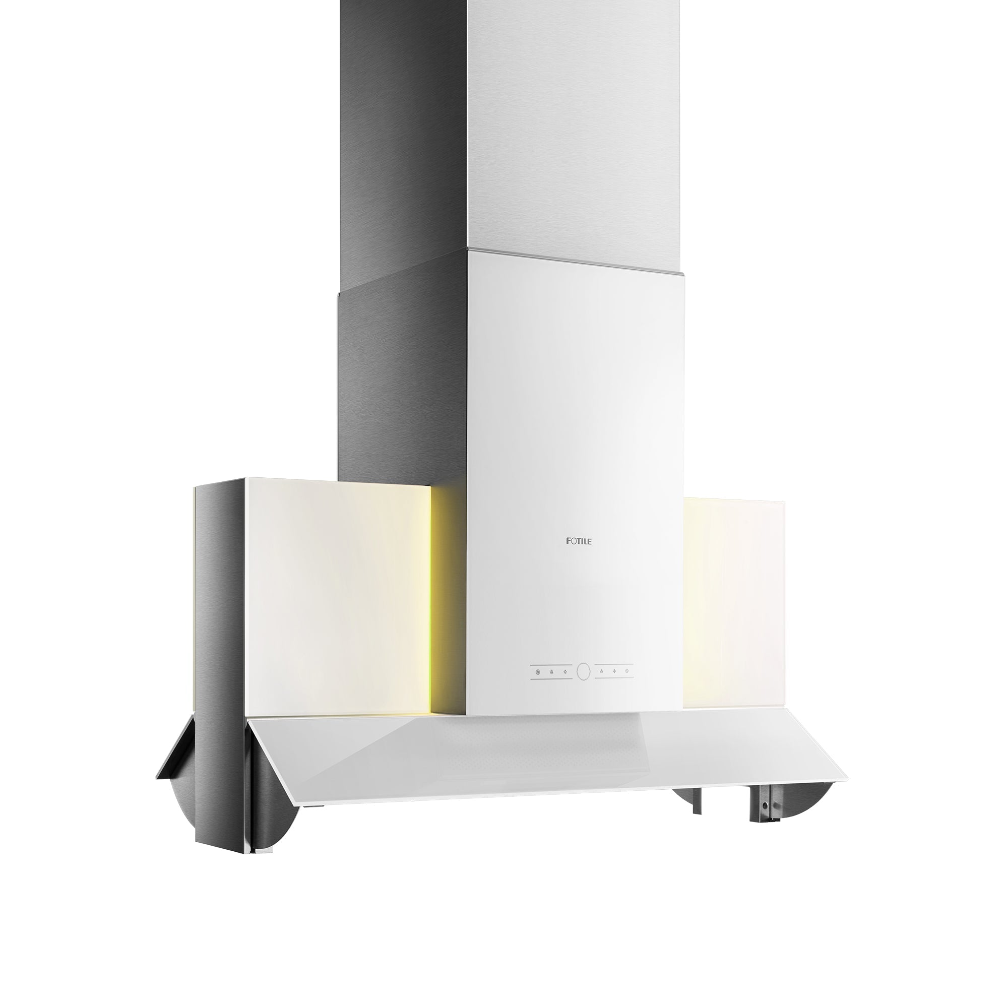 Fotile island range hood with stainless chimney and glass panel, angled view