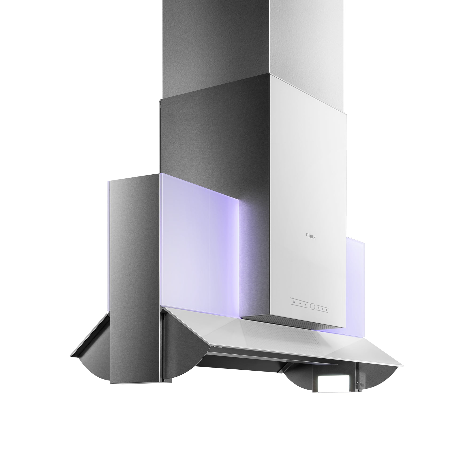 Fotile island range hood with glowing purple glass panel and stainless body