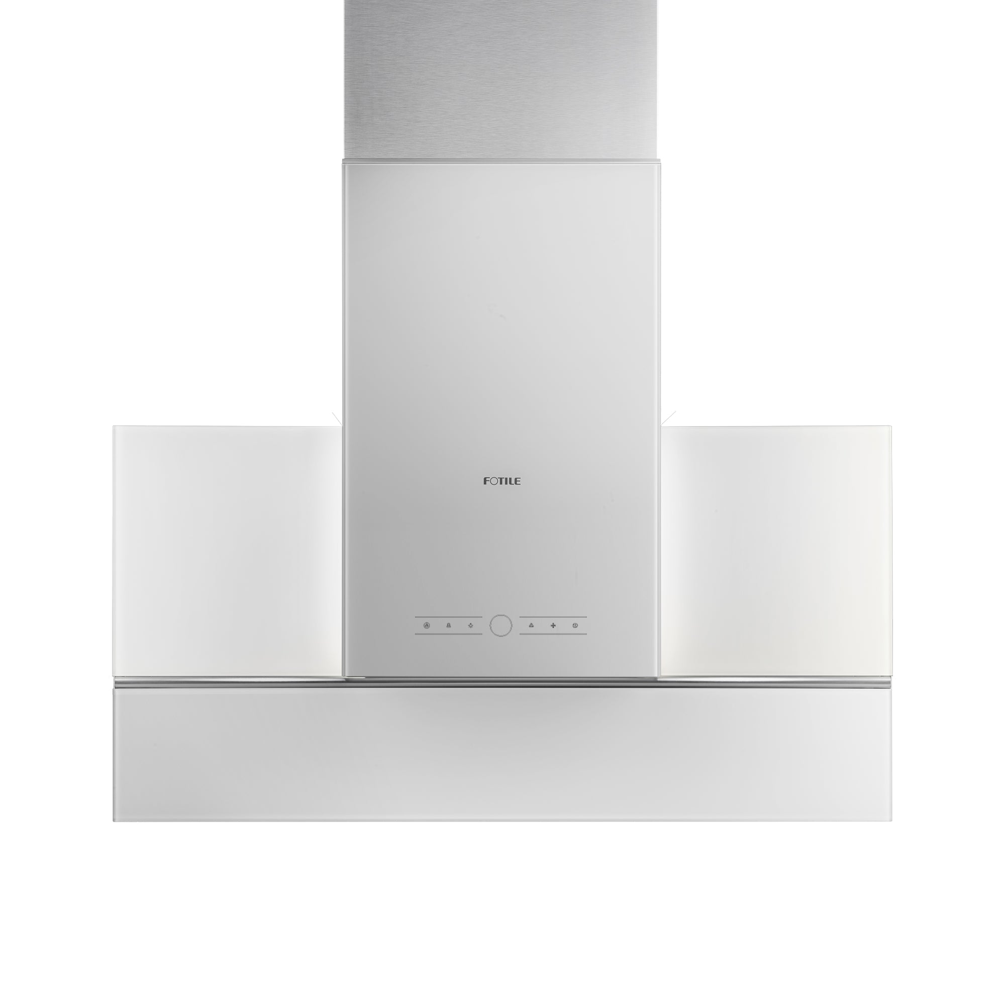 Fotile island range hood with glass panel and stainless front