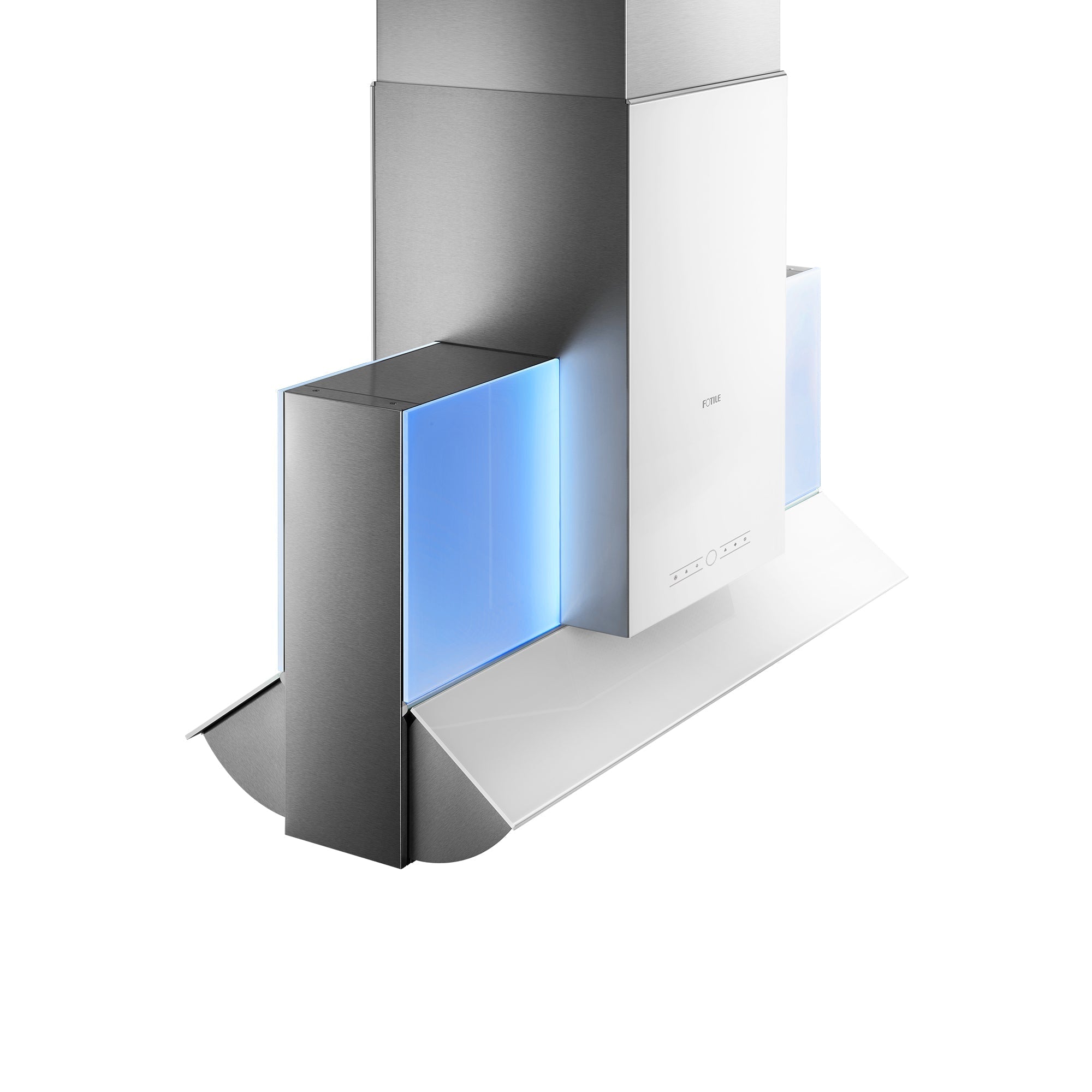 Fotile island range hood with glowing blue glass panel and stainless body