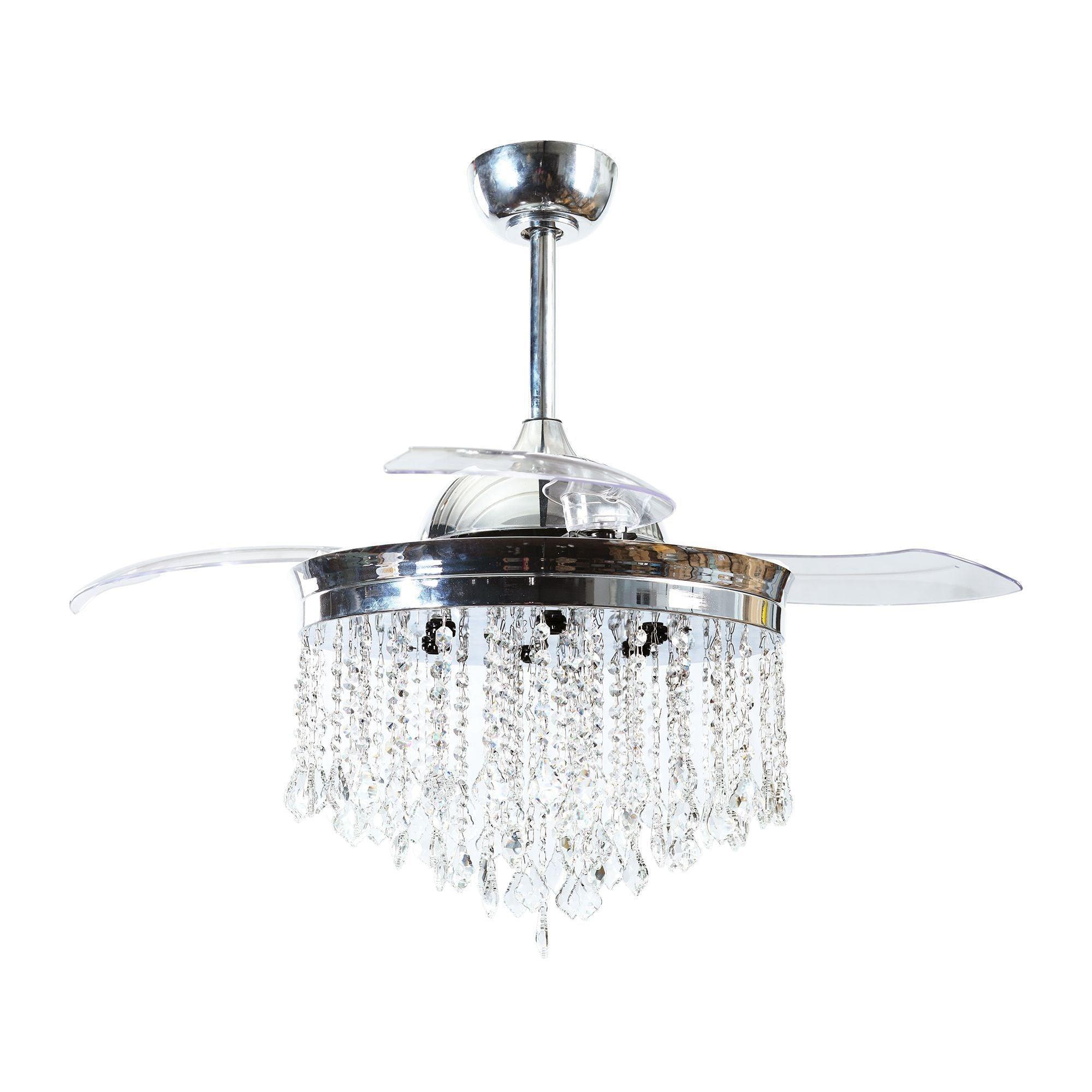 Chrome ceiling fan light fixture with hanging crystal strands and metal canopy