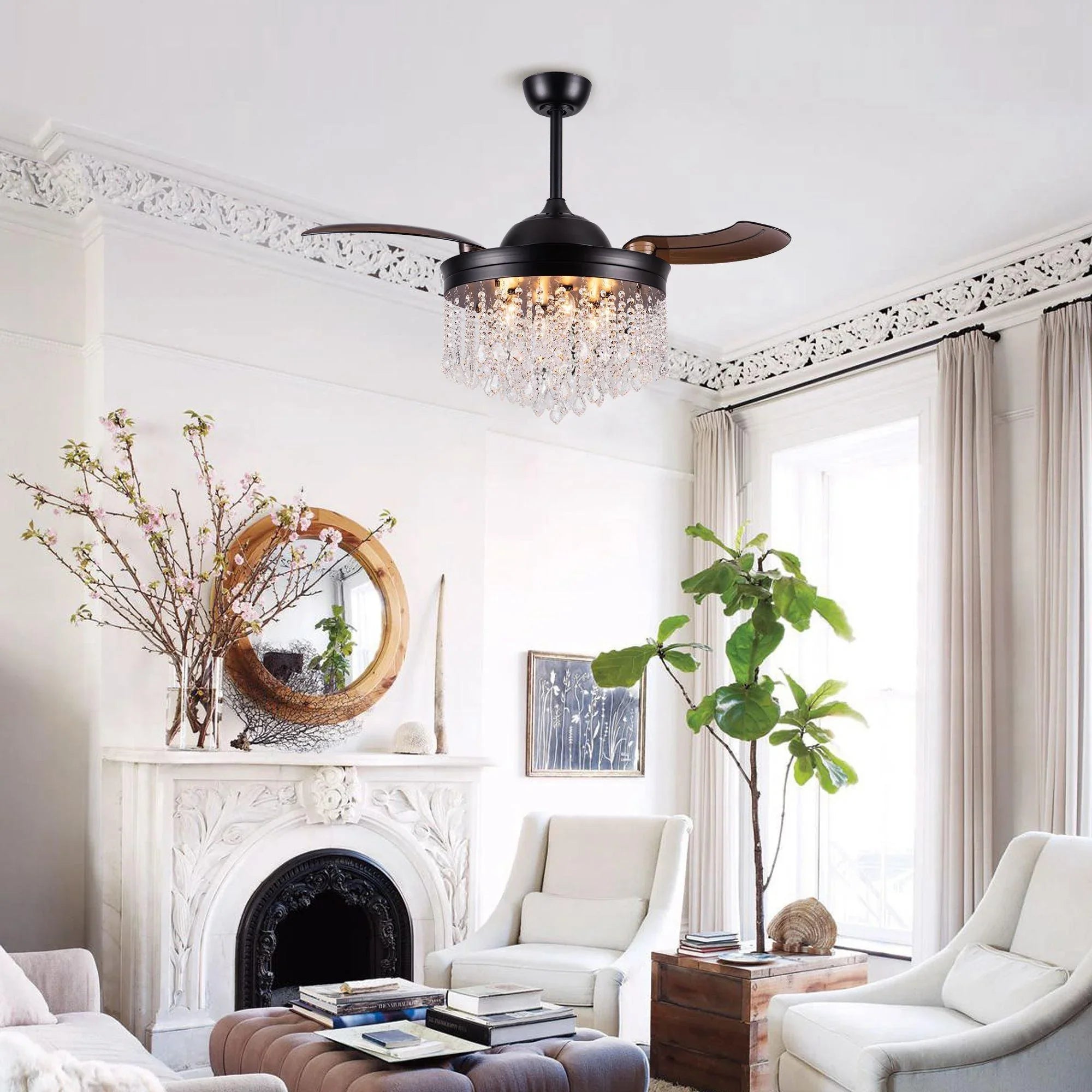 Black ceiling fan with crystal chandelier-style light and three retractable blades