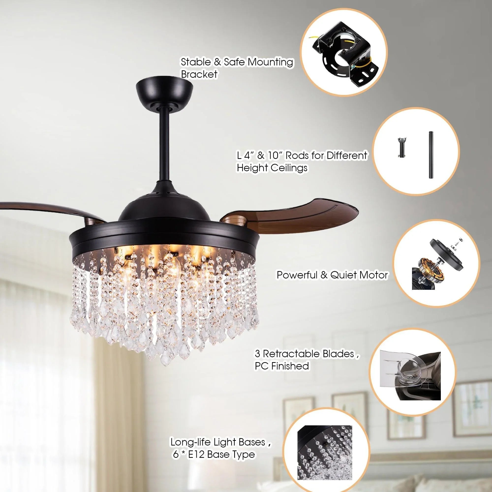 Black ceiling fan with crystal light, retractable blades, and stable mounting bracket