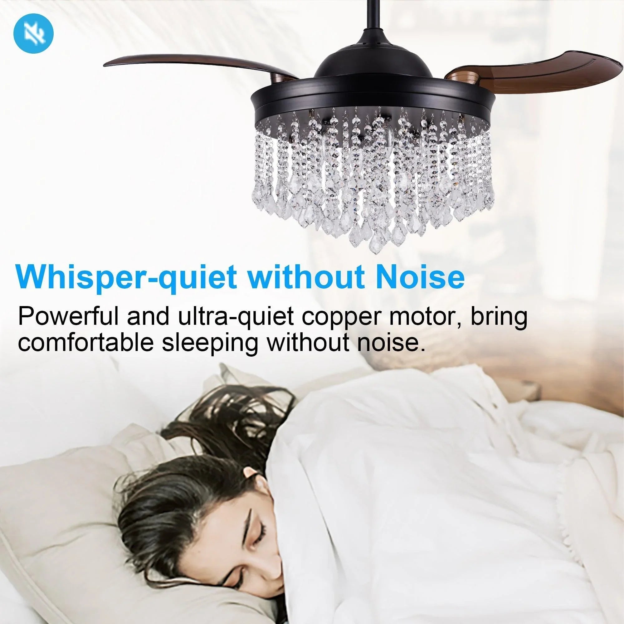Black ceiling fan with crystal light fixture for quiet, comfortable airflow