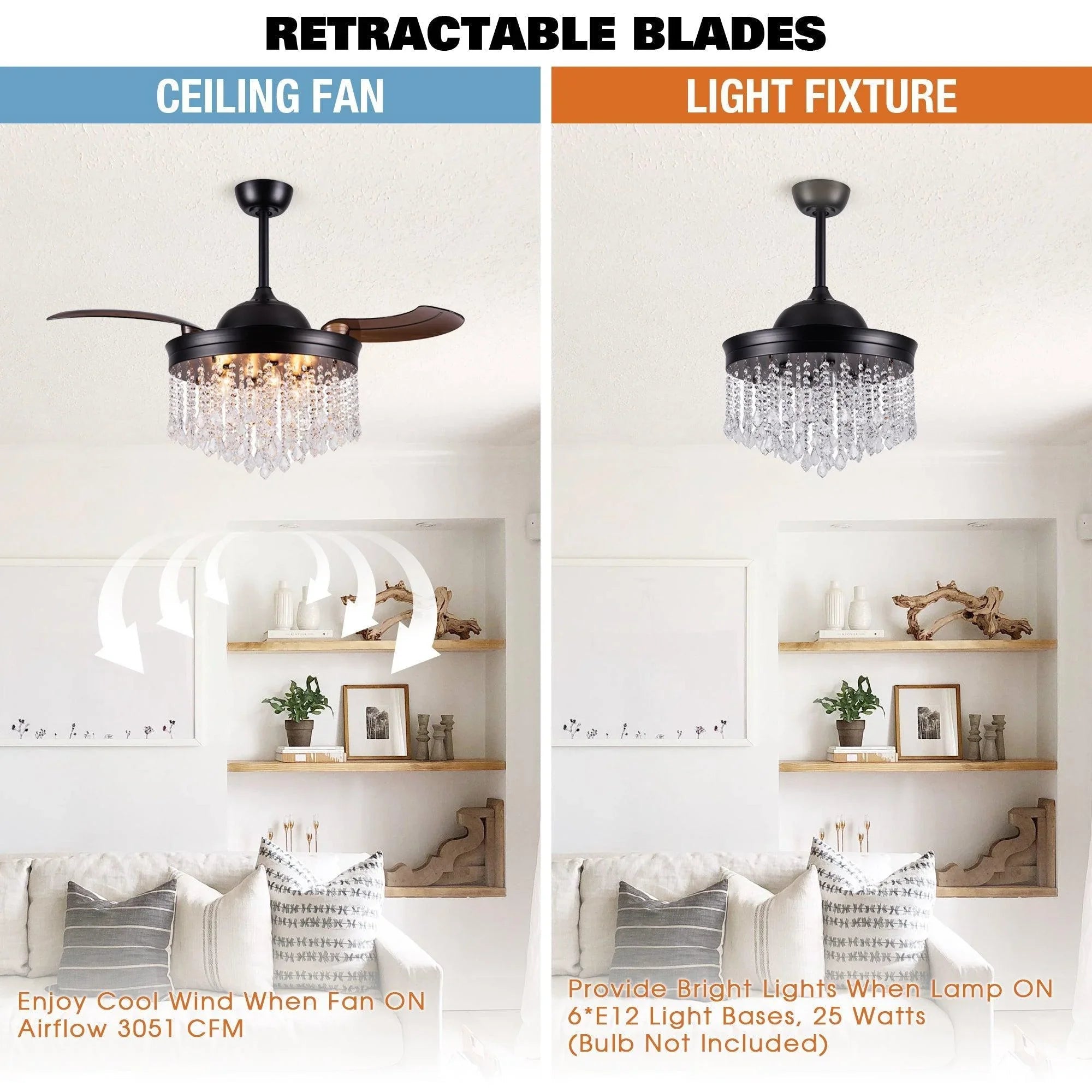 Ceiling fan with crystal chandelier light fixture and retractable blades