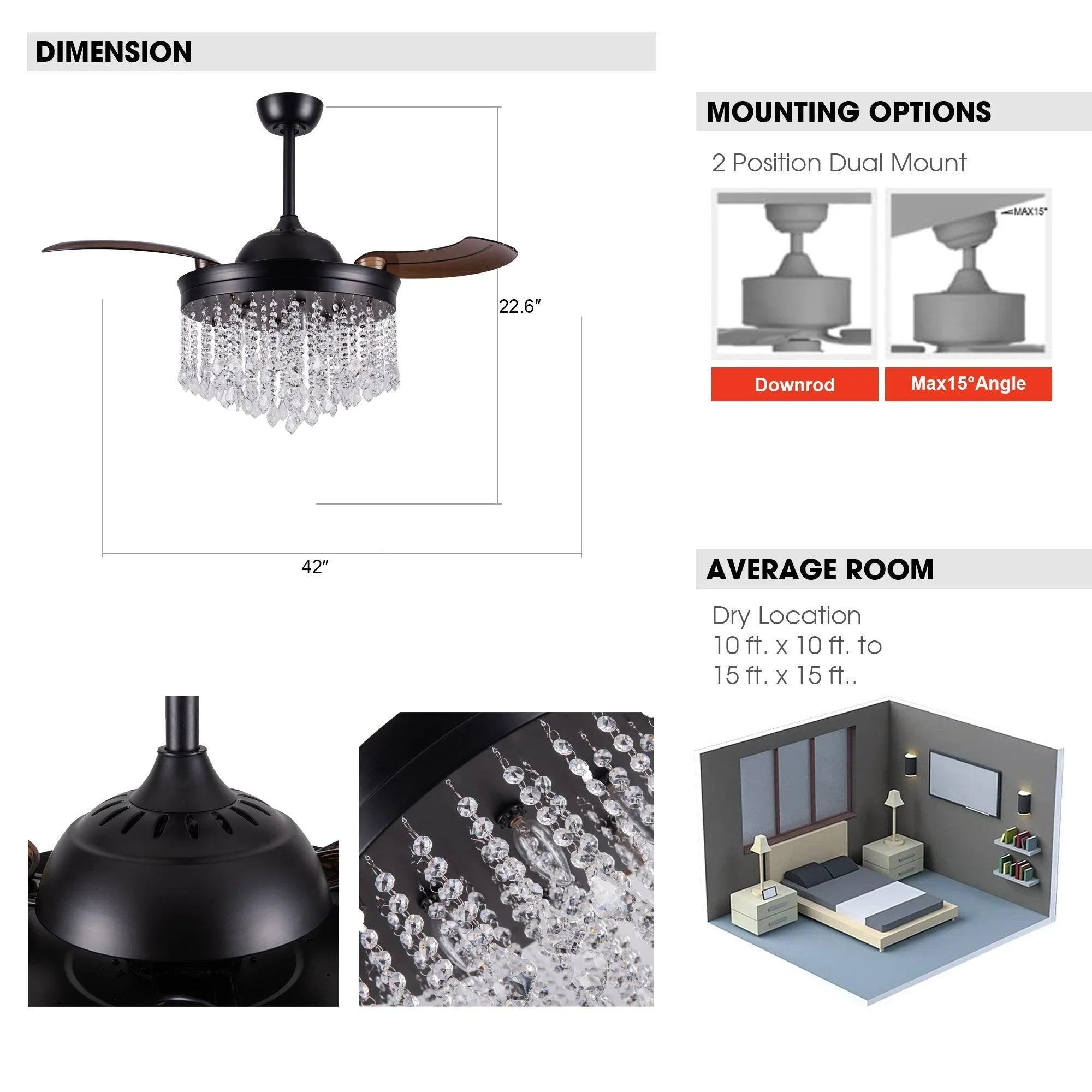 Black ceiling fan with crystal chandelier light and 42-inch blade span