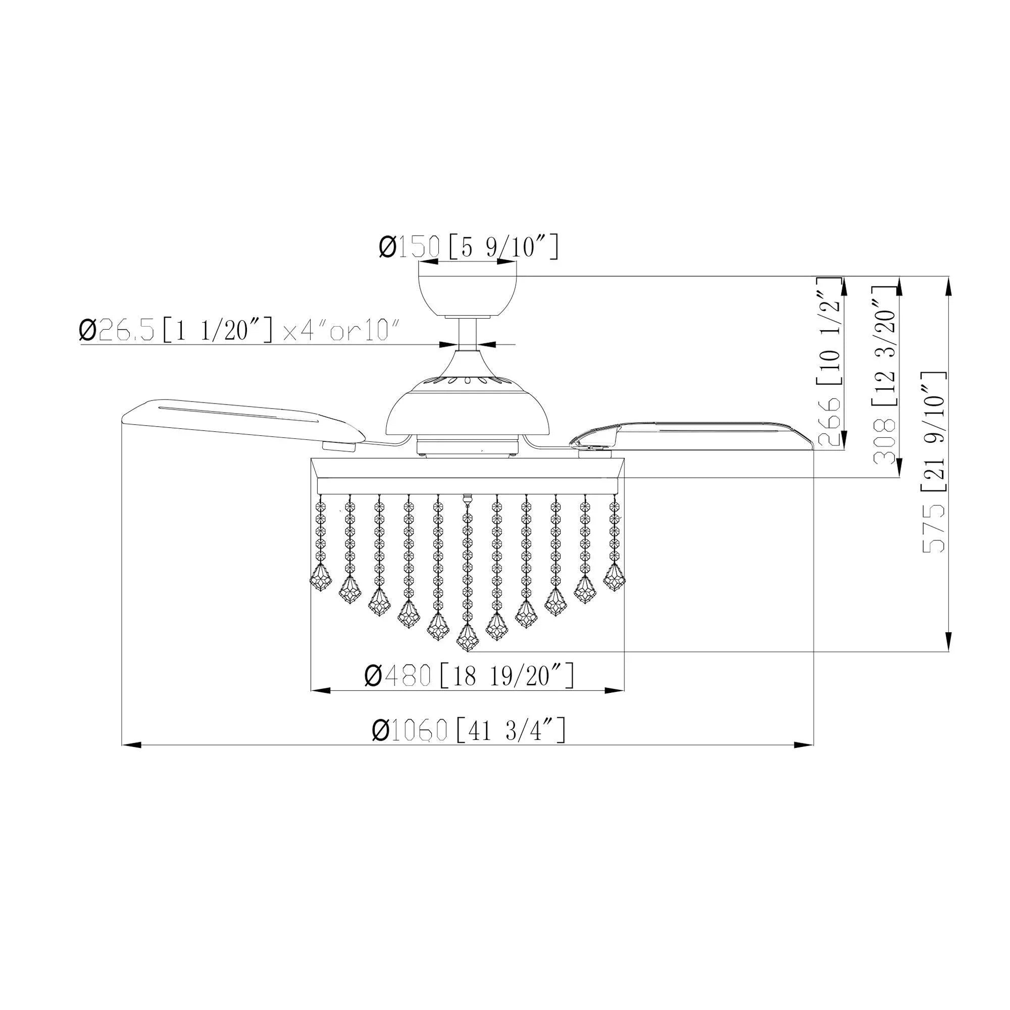 Ceiling fan dimensions diagram with crystal chandelier light housing and strands
