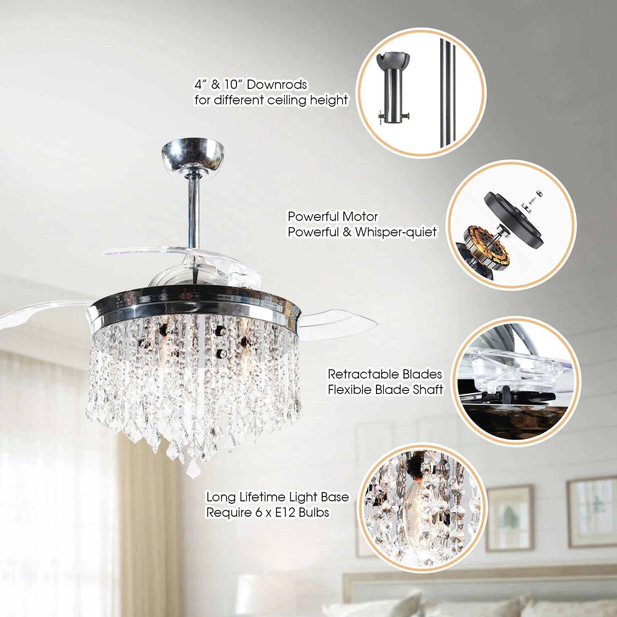 Chrome ceiling fan with crystal light housing and retractable blade design