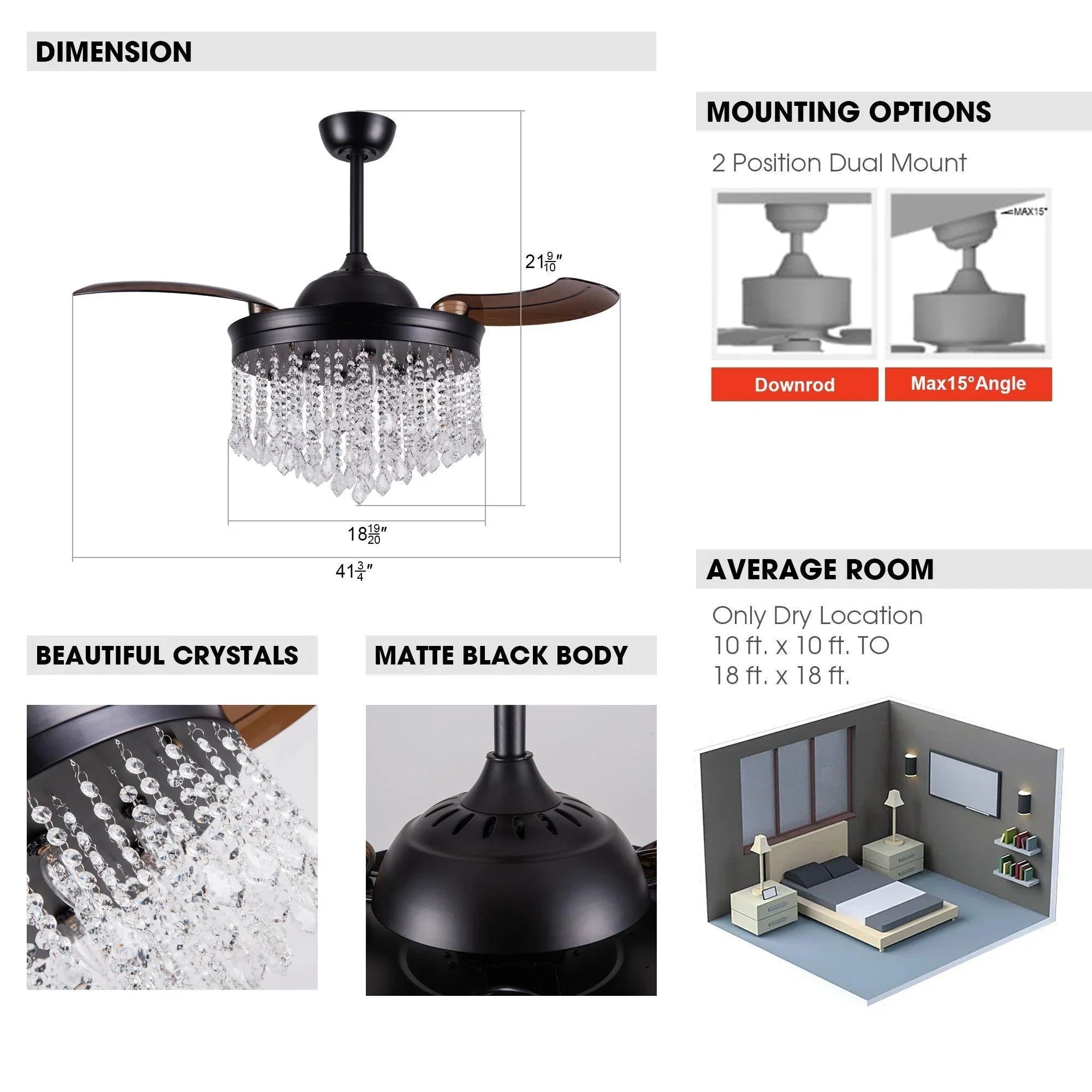 Matte black ceiling fan with crystal light fixture, dimensions and mounting options