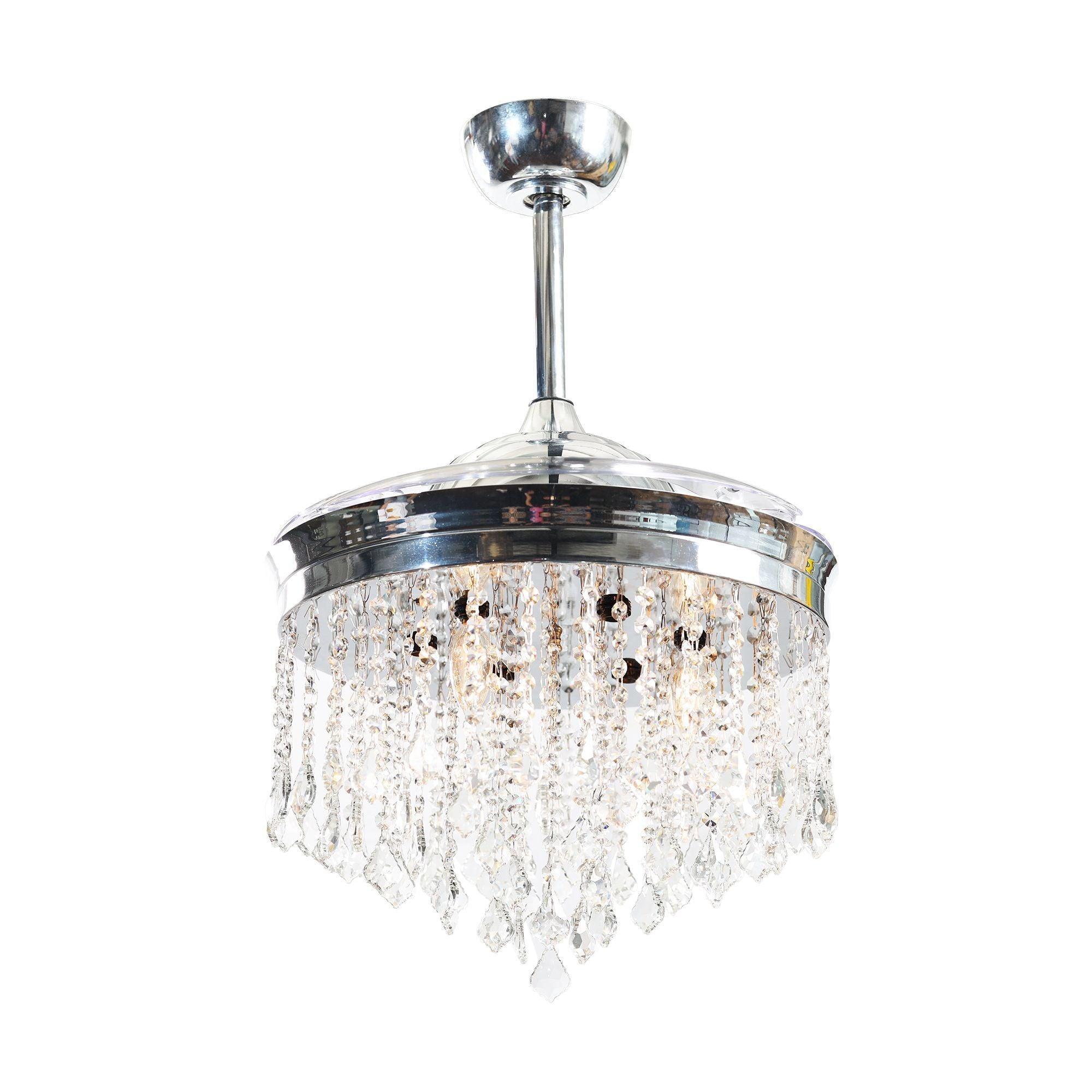 Chrome ceiling fan with crystal drum lamp and metallic top mount