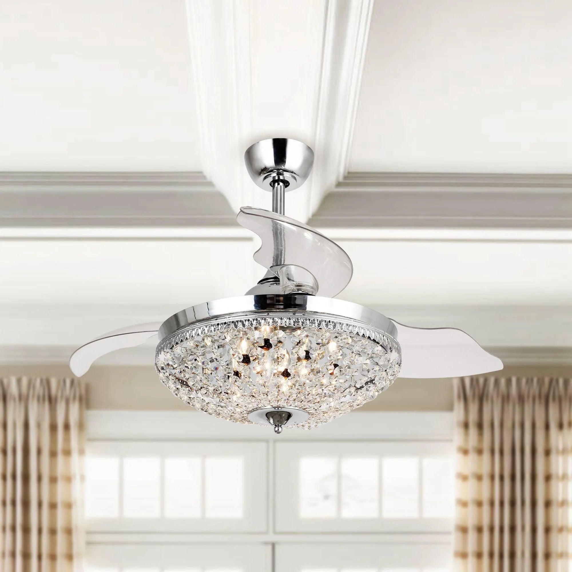 Chrome crystal ceiling fan with round light fixture and clear retractable blades