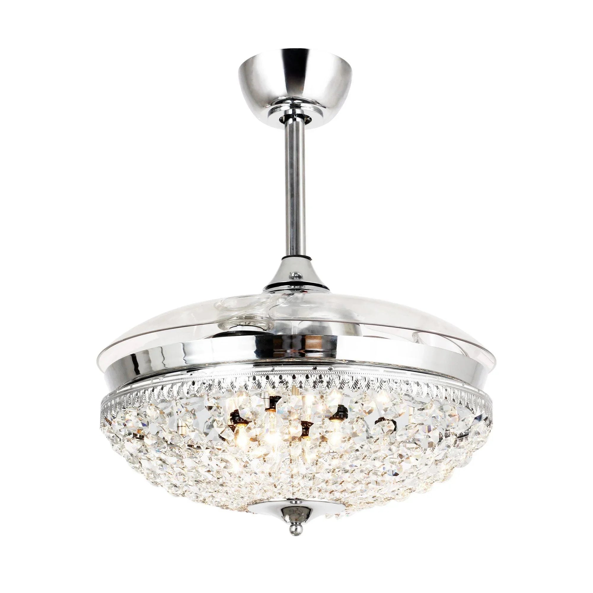 Chrome downrod ceiling fan with crystal light and retractable clear fan blades
