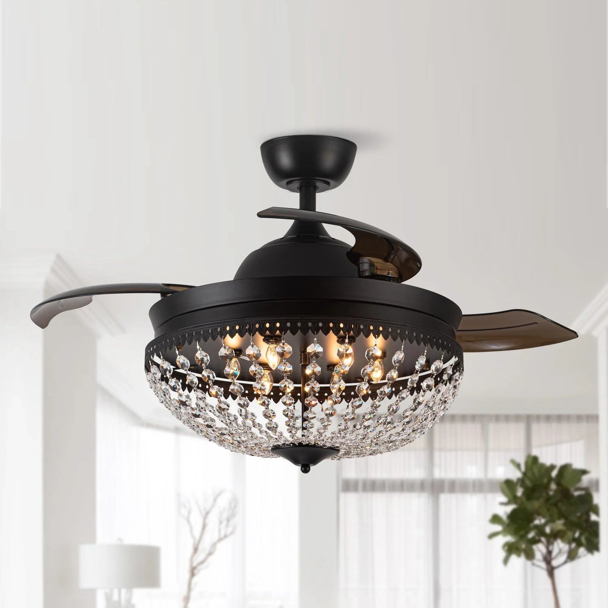 Black modern ceiling fan with crystal bowl light and multiple lit bulbs