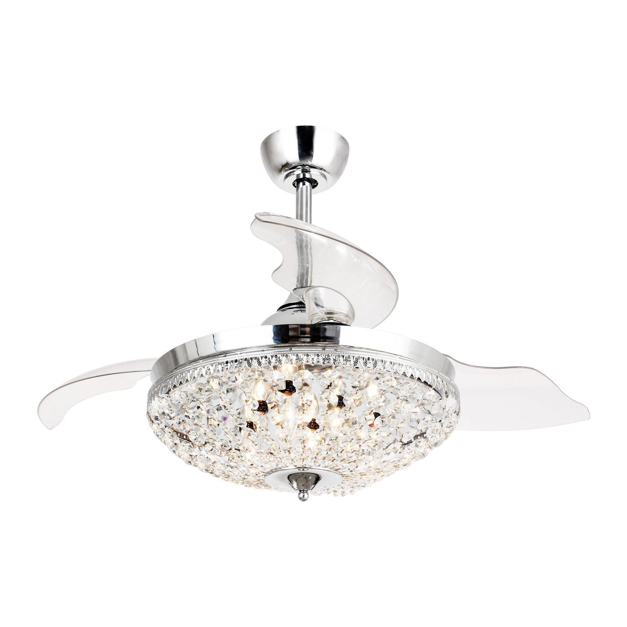 Chrome crystal ceiling fan with circular light kit and clear retractable blades