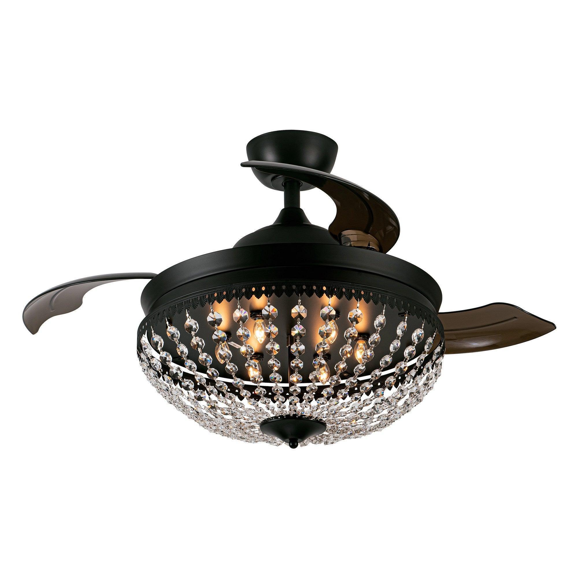 Black ceiling fan with crystal drum light and hanging crystal drops