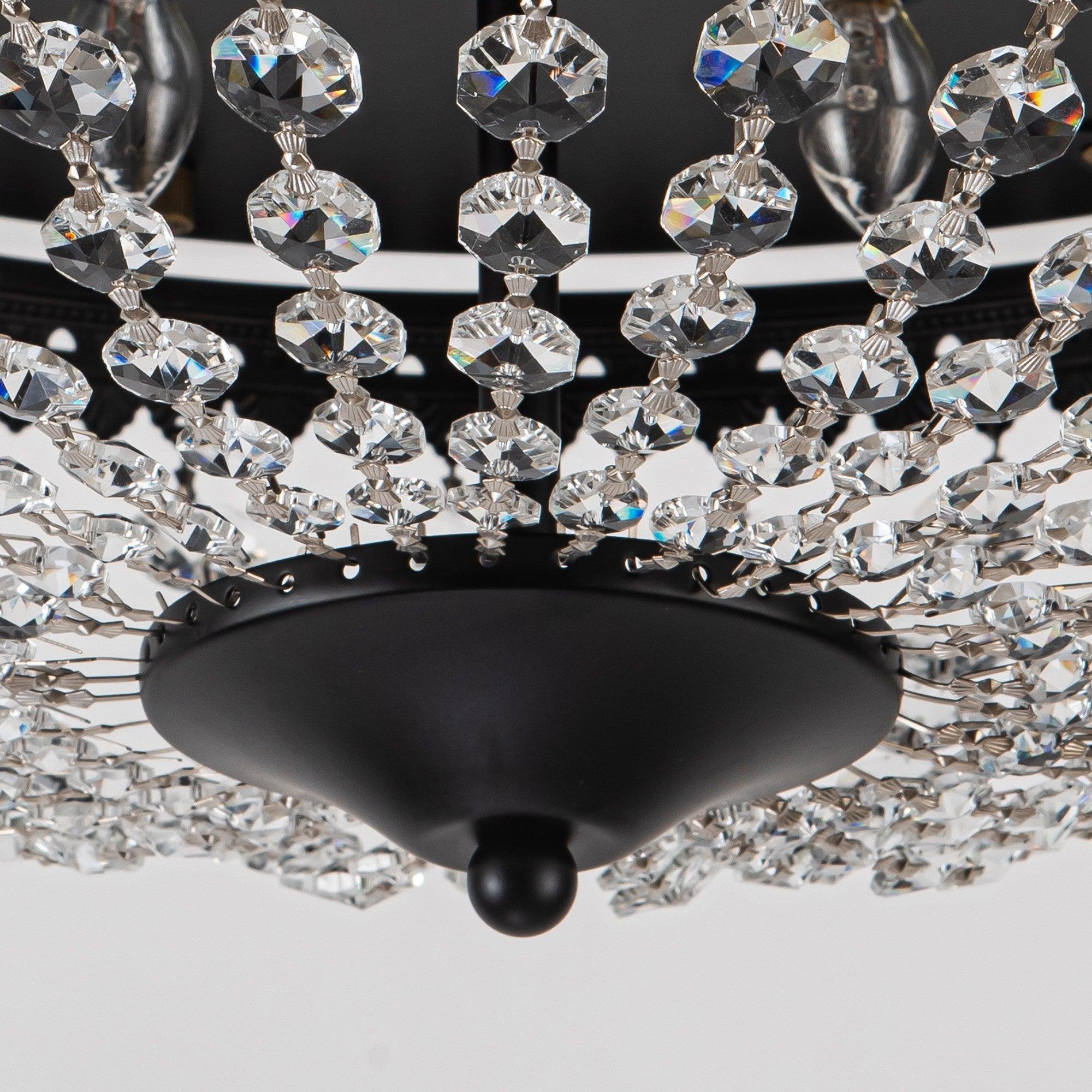 Close-up of clear crystal prisms around a black ceiling fan light housing