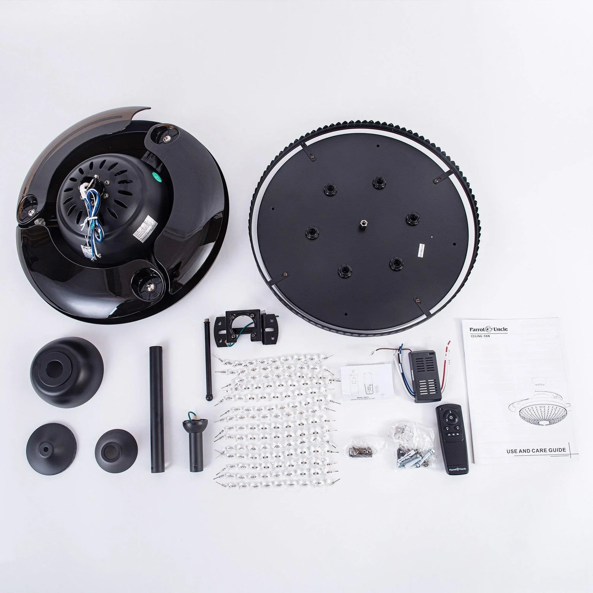 Black ceiling fan kit with mounting plate, blades, downrod, remote, and hardware