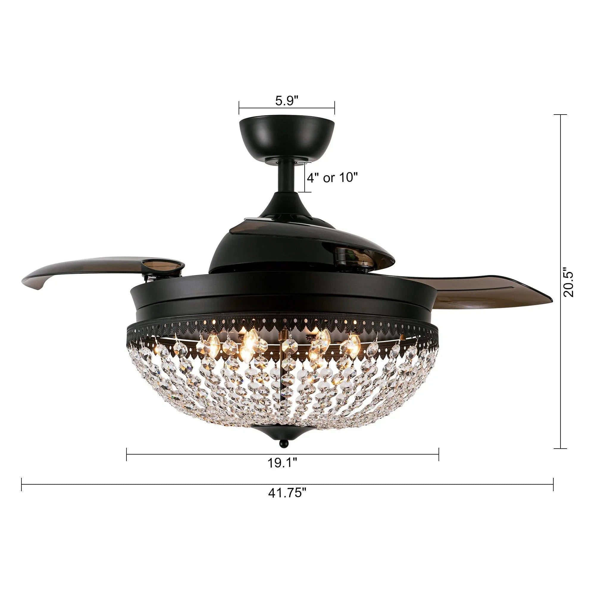 Black ceiling fan with crystal bowl light and clear bulbs, dimension diagram