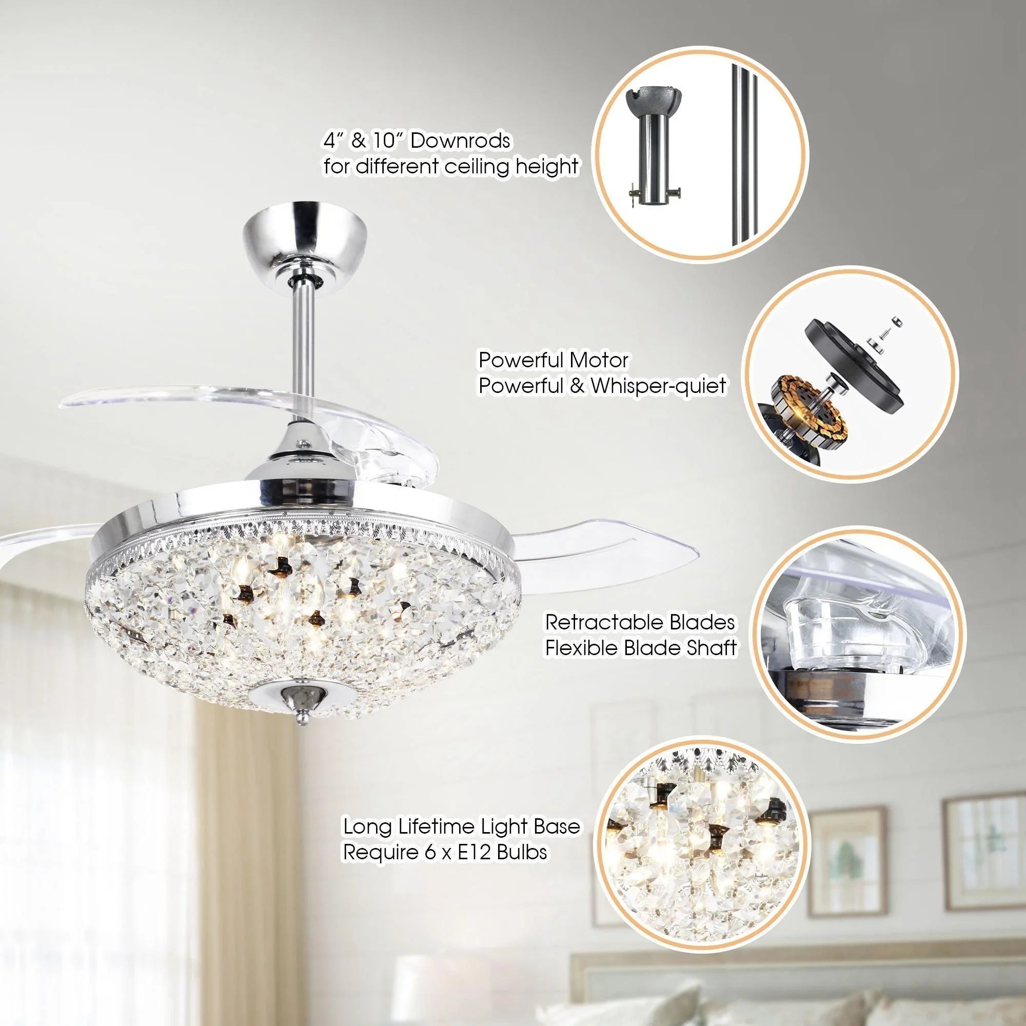 Chrome crystal ceiling fan with retractable blades and hanging downrod light