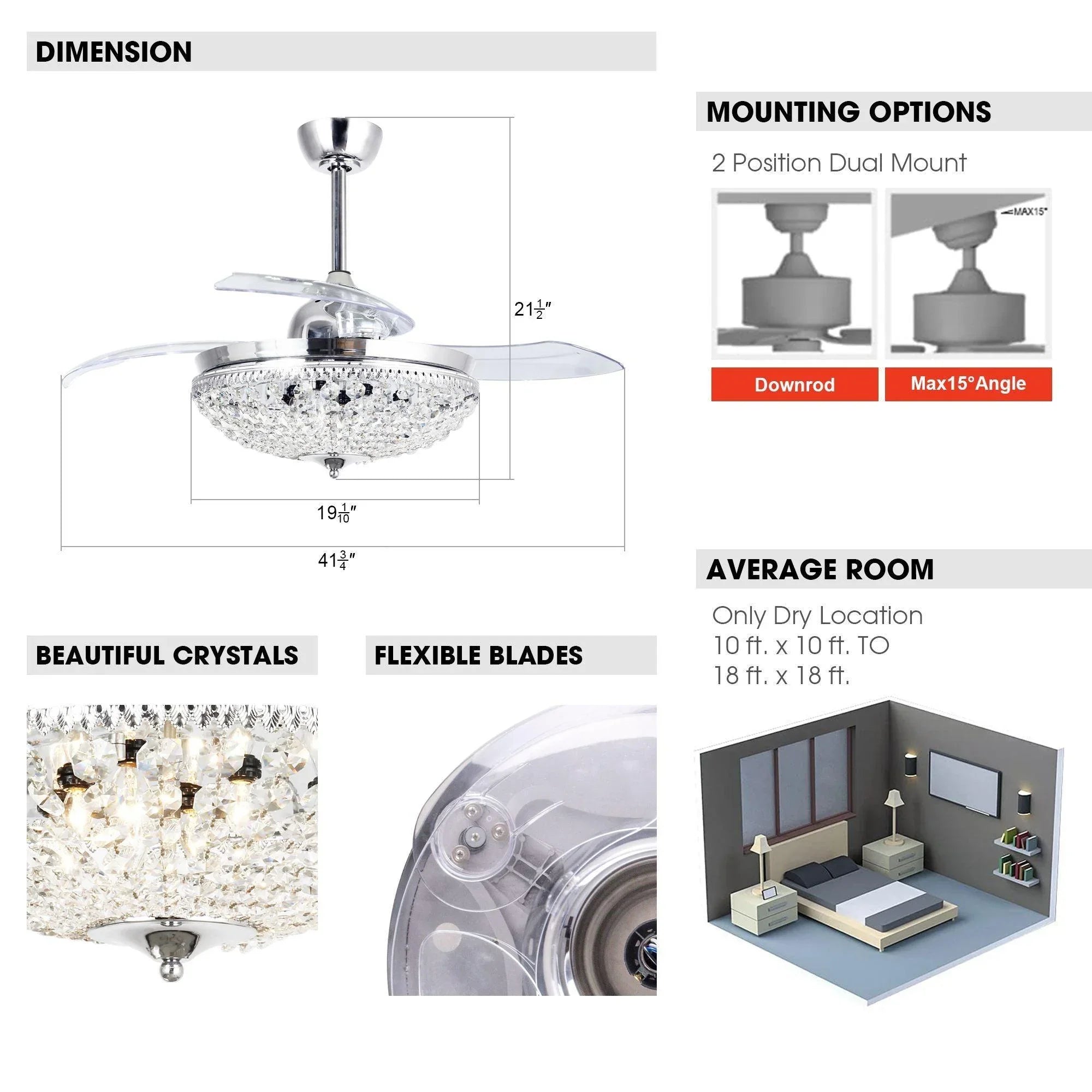 Crystal ceiling fan infographic showing dimensions, flexible blades, and mounting options