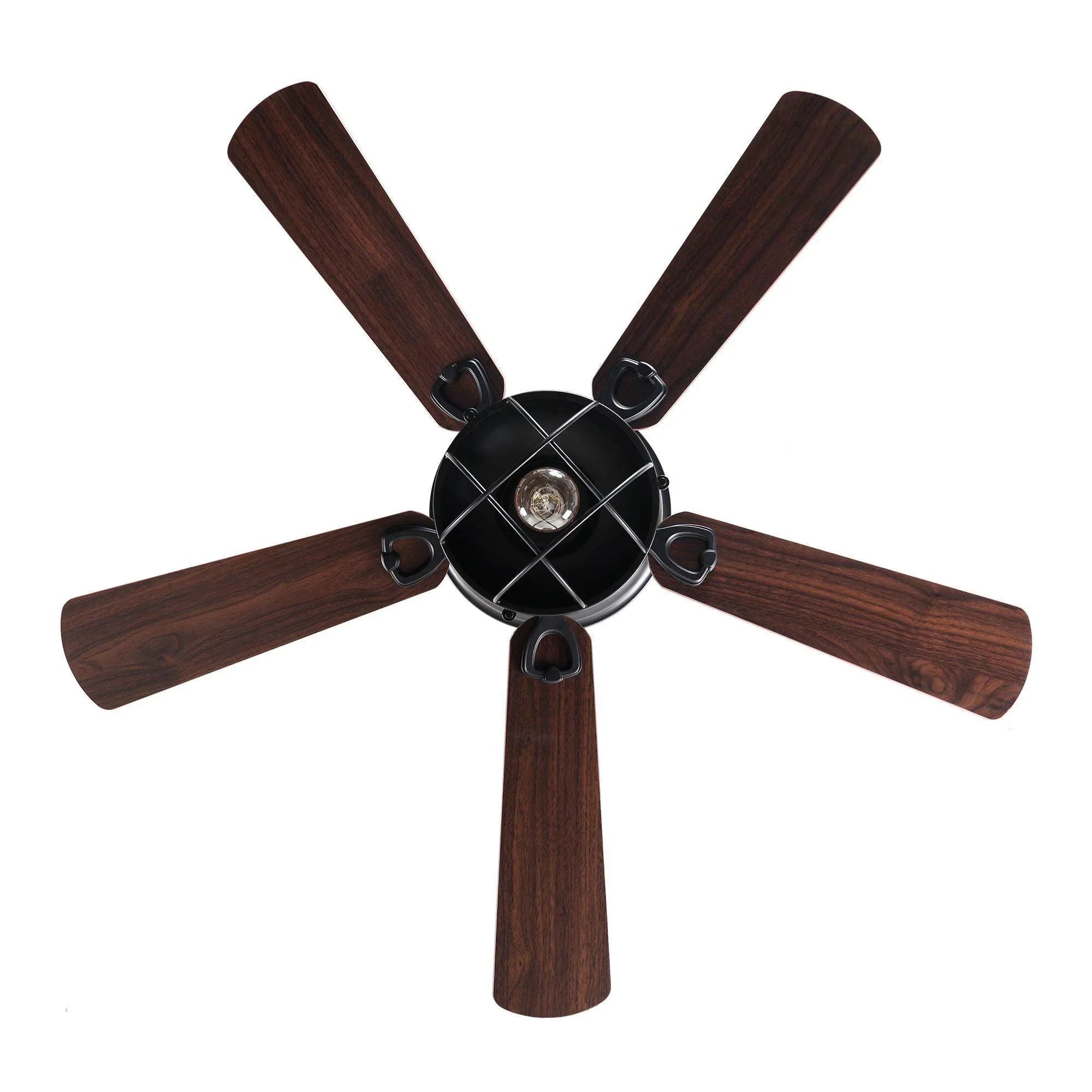 Ceiling fan with four dark wood blades and black center hub, viewed from below