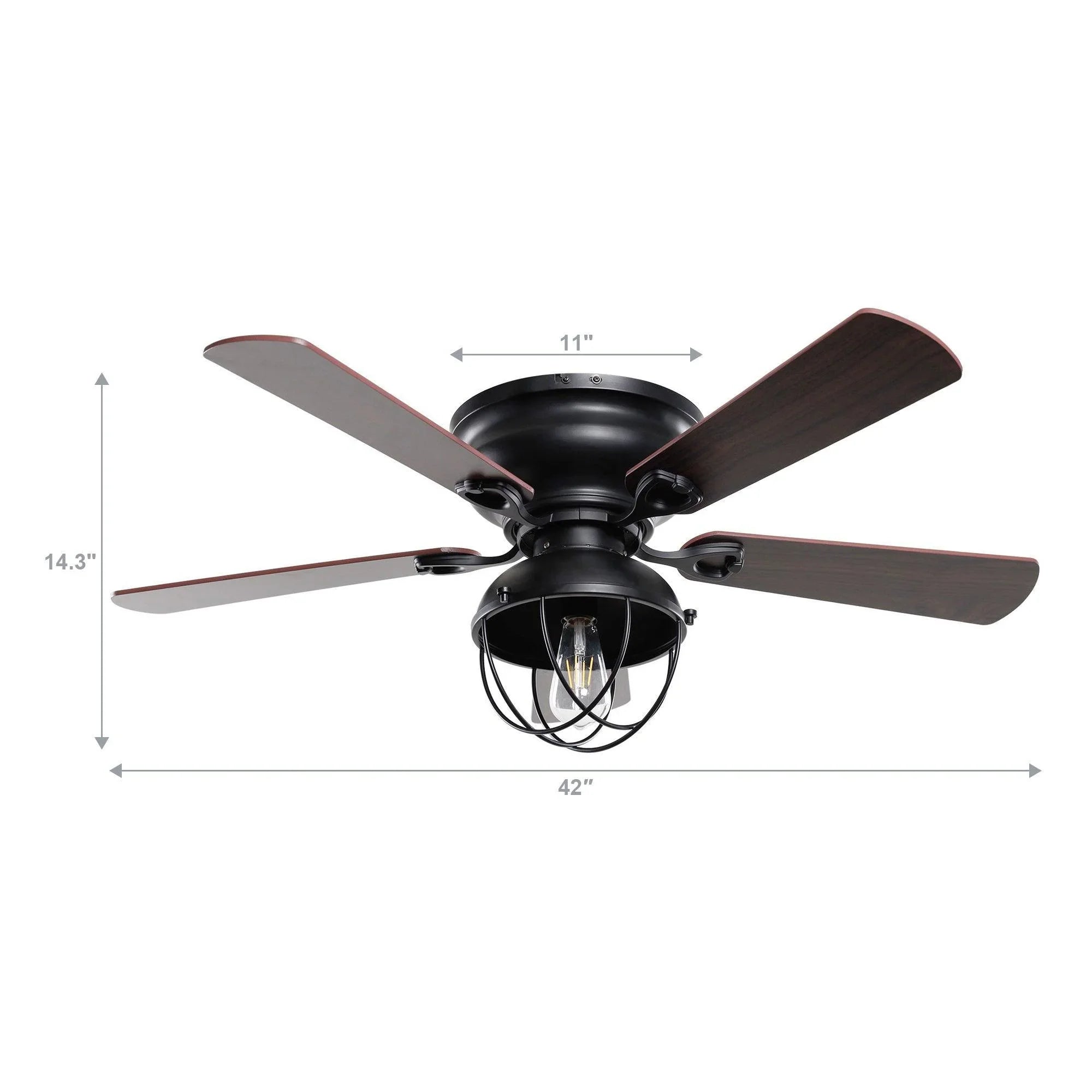 Flush-mount ceiling fan with dark wood reversible blades, lantern light, and size marks