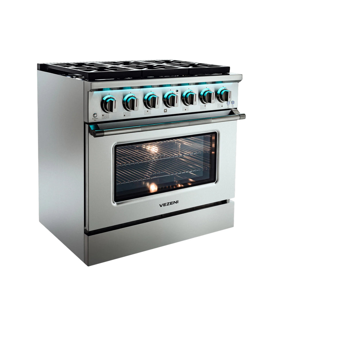 Stainless steel dual fuel range with oven door window and lit cooktop knobs