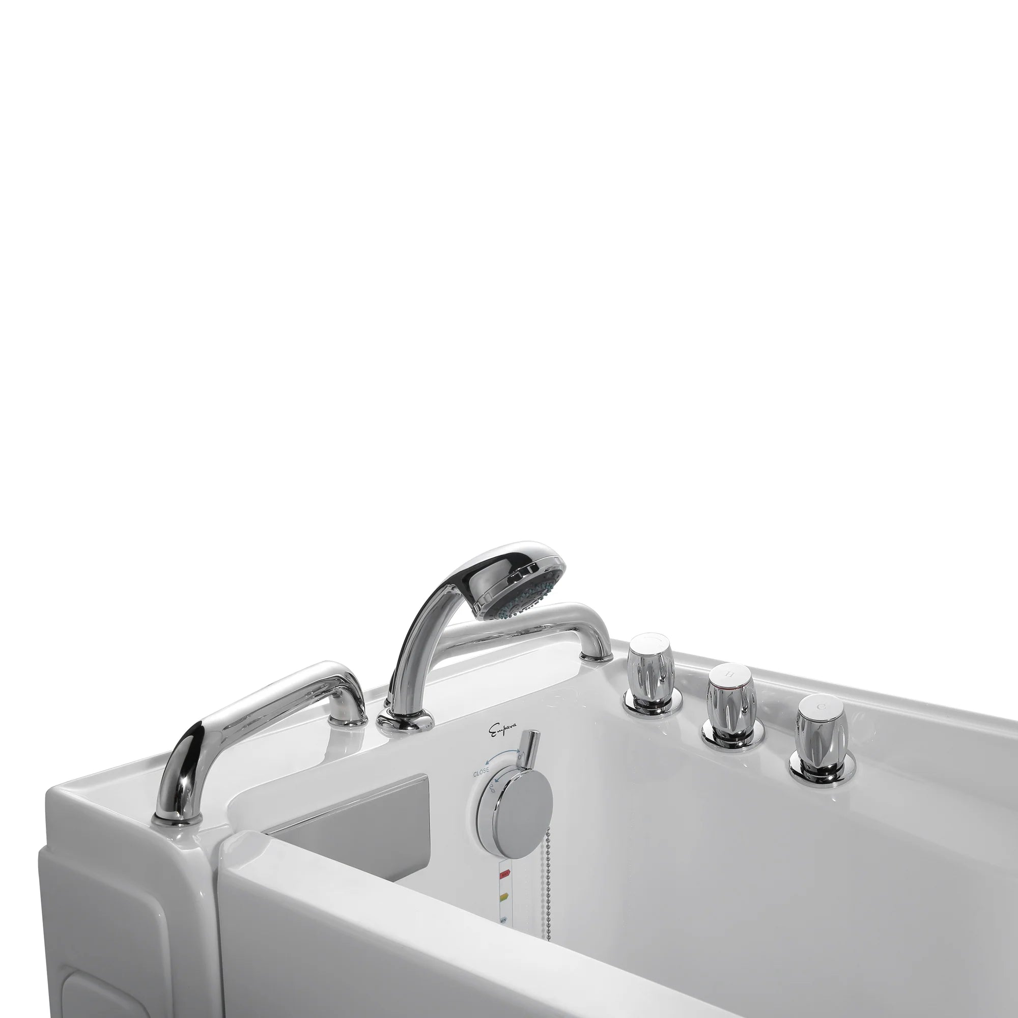 Walk-in soaking bathtub faucet set with control knobs and handheld sprayer