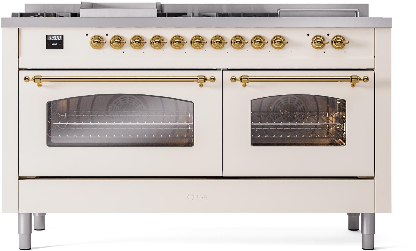 Antique white gas range with brass trim; dual glass-door ovens closed.