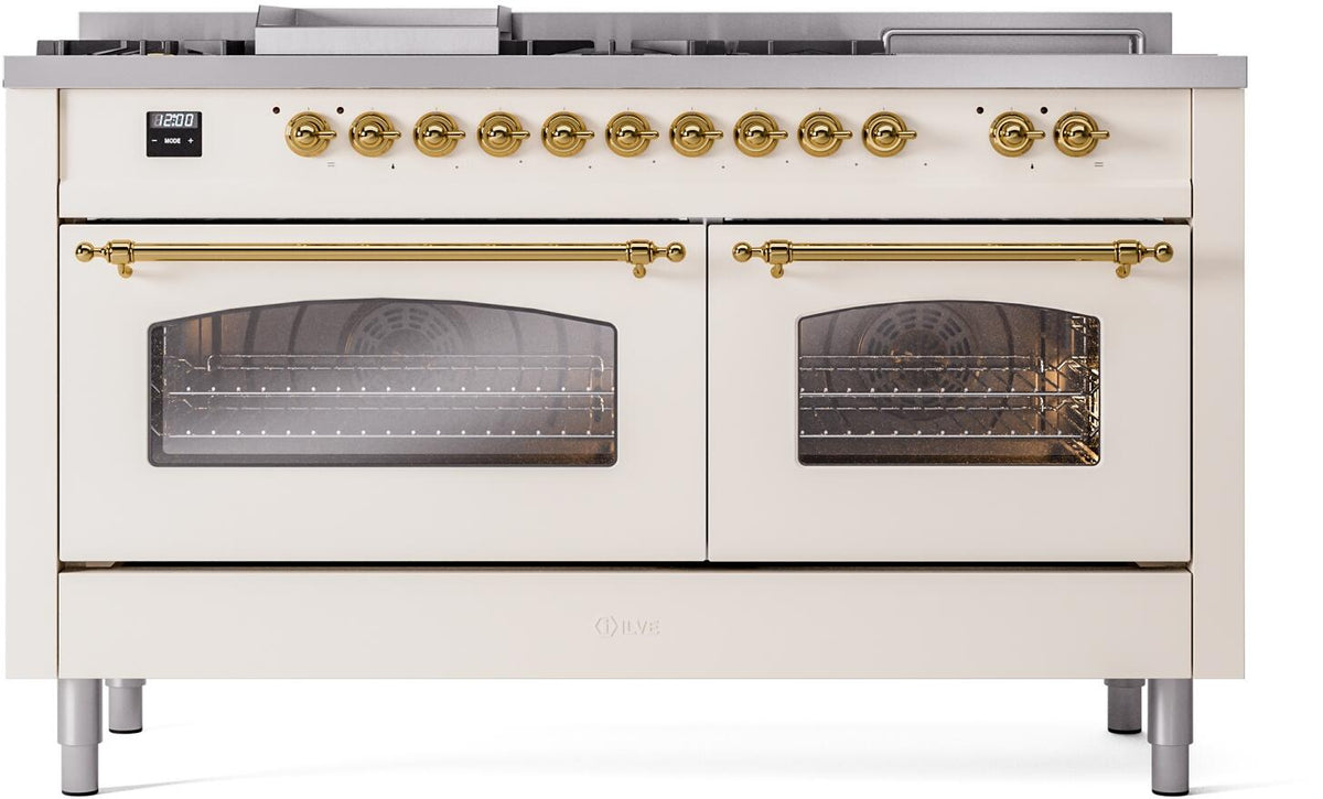 Antique white dual-fuel range with two oven doors featuring black glass windows and brass trim