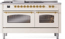 ILVE Nostalgie II 60-Inch Natural Gas Dual Fuel Range with 7 Burners, Griddle, & French Top with Triple Glass Door Oven in Antique White with Brass Trim (UP60FSNMPAWG)