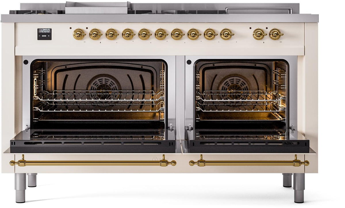 Antique white gas range with brass trim; both oven doors open with racks inside.