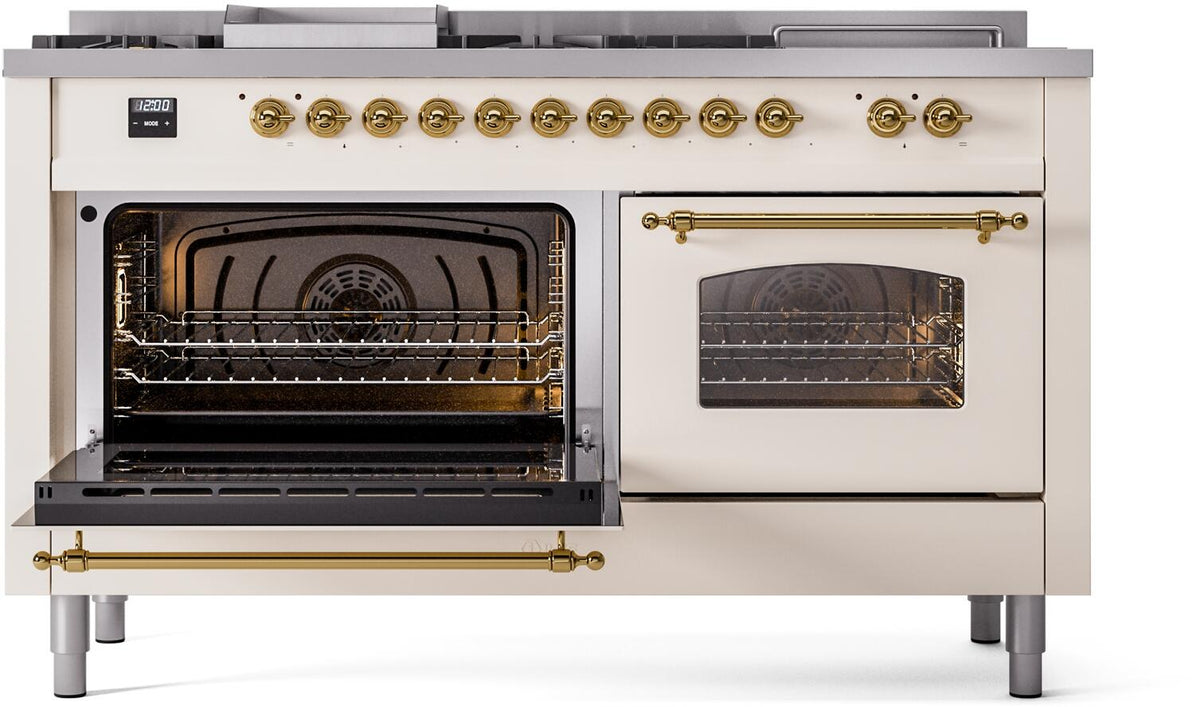 Antique white gas range with brass trim; one oven open, second oven closed.