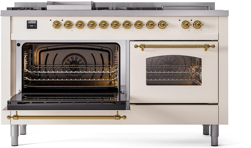 ILVE Nostalgie II 60-Inch Dual Fuel Freestanding Range in Antique White with Brass Trim (UP60FSNMPAWG)