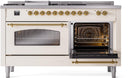 ILVE Nostalgie II 60-Inch Propane Gas Dual Fuel Range with 7 Burners, Griddle, & French Top with Triple Glass Door Oven in Antique White with Brass Trim (UP60FSNMPAWGLP)