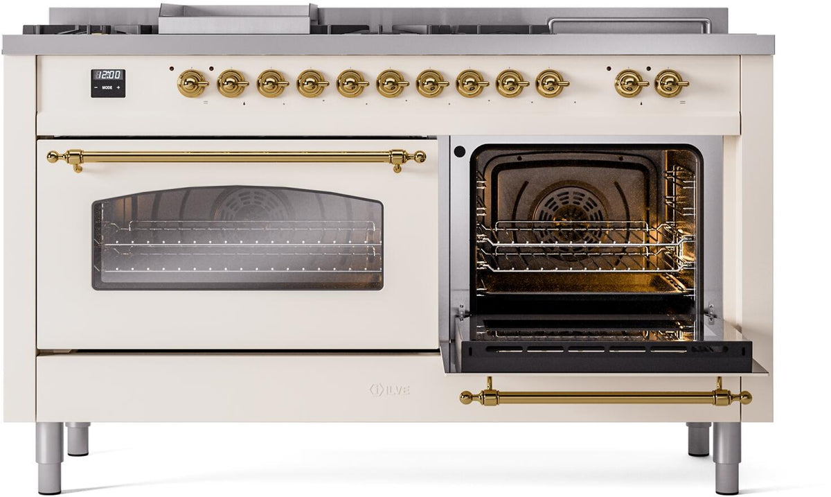 Antique white dual-fuel range with right oven open, racks visible through black glass door