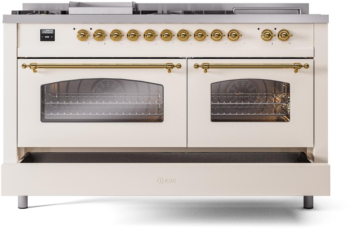 Antique white gas range with brass trim; top control knobs and two oven windows.
