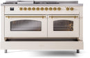 ILVE Nostalgie II 60-Inch Natural Gas Dual Fuel Range with 7 Burners, Griddle, & French Top with Triple Glass Door Oven in Antique White with Brass Trim (UP60FSNMPAWG)