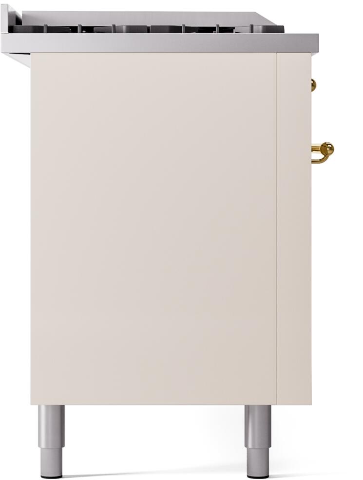 Antique white range side panel with brass knob and four leveling feet.